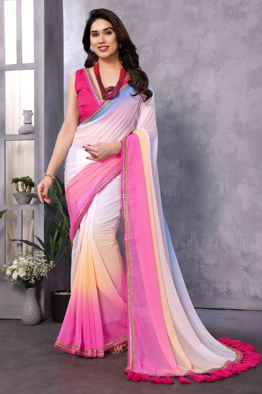 One Minute Ready To Wear Pink-White Ombre Pure Georgette Leheriya Saree