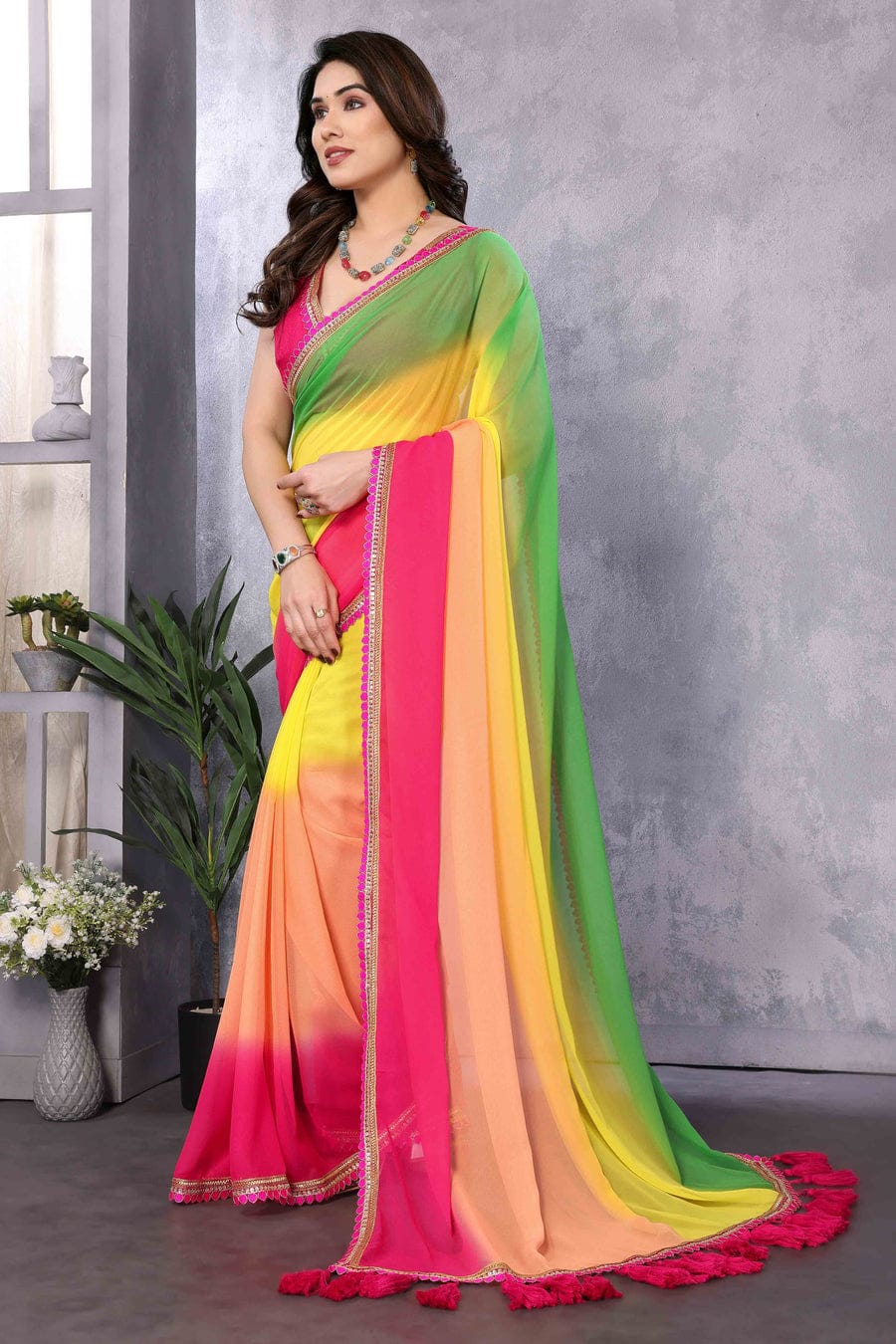 One Minute Ready To Wear Pink-Yellow Ombre Pure Georgette Leheriya Saree