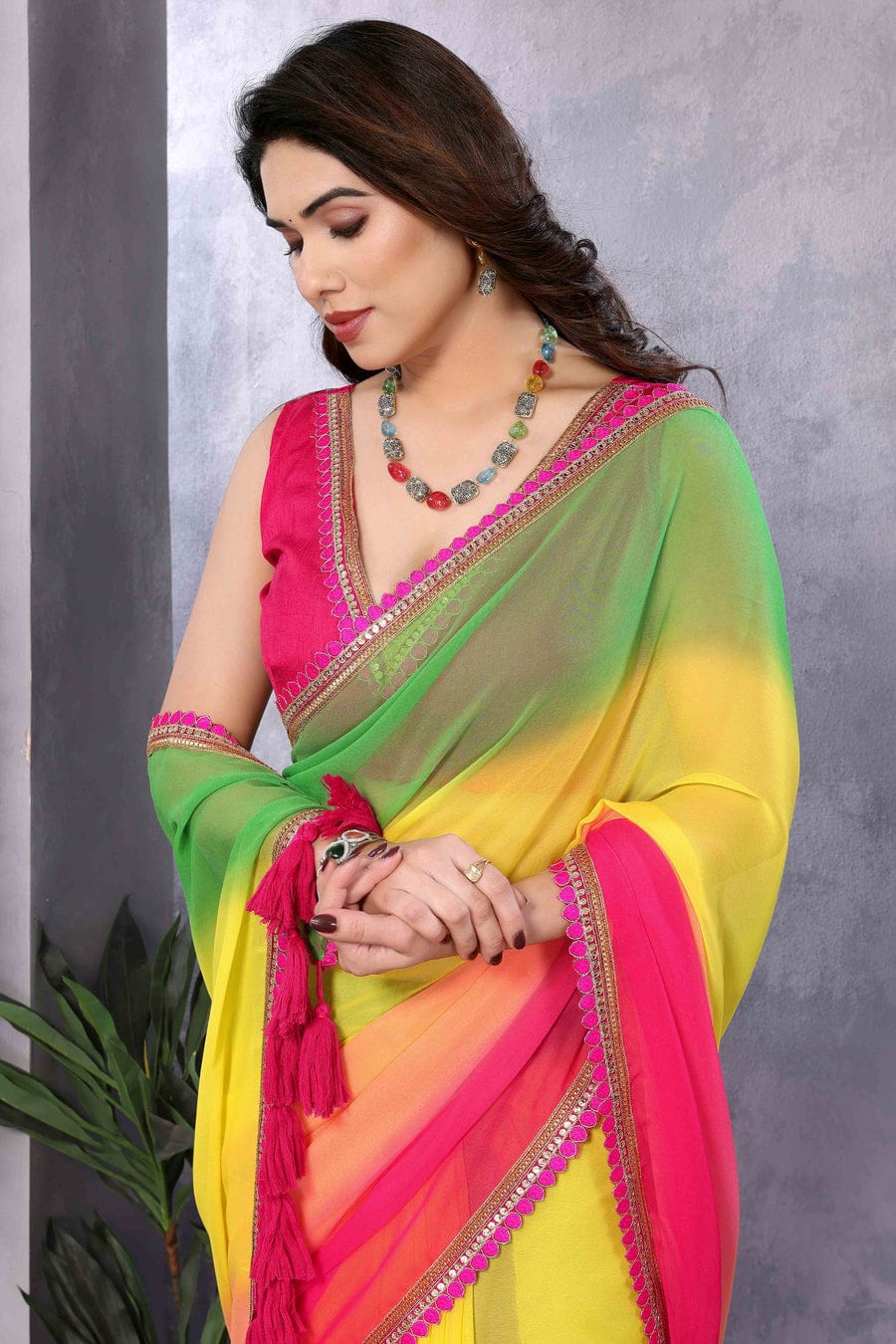 One Minute Ready To Wear Pink-Yellow Ombre Pure Georgette Leheriya Saree