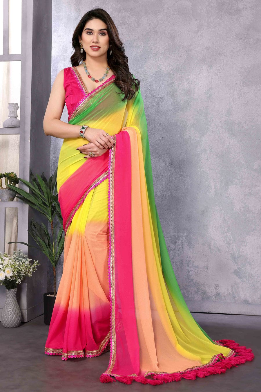 One Minute Ready To Wear Pink-Yellow Ombre Pure Georgette Leheriya Saree