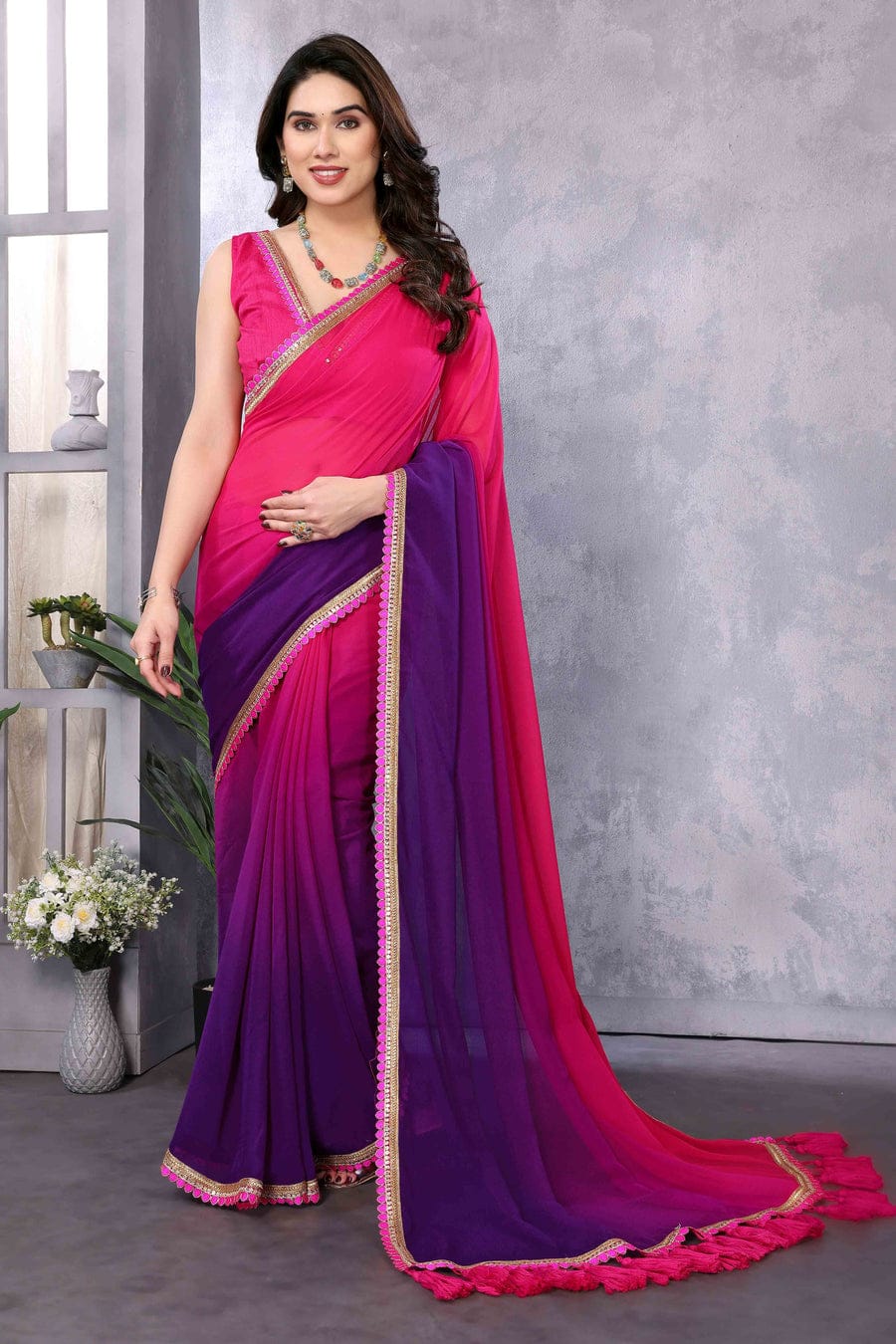 One Minute Ready To Wear Red-Purple Ombre Pure Georgette Leheriya Saree