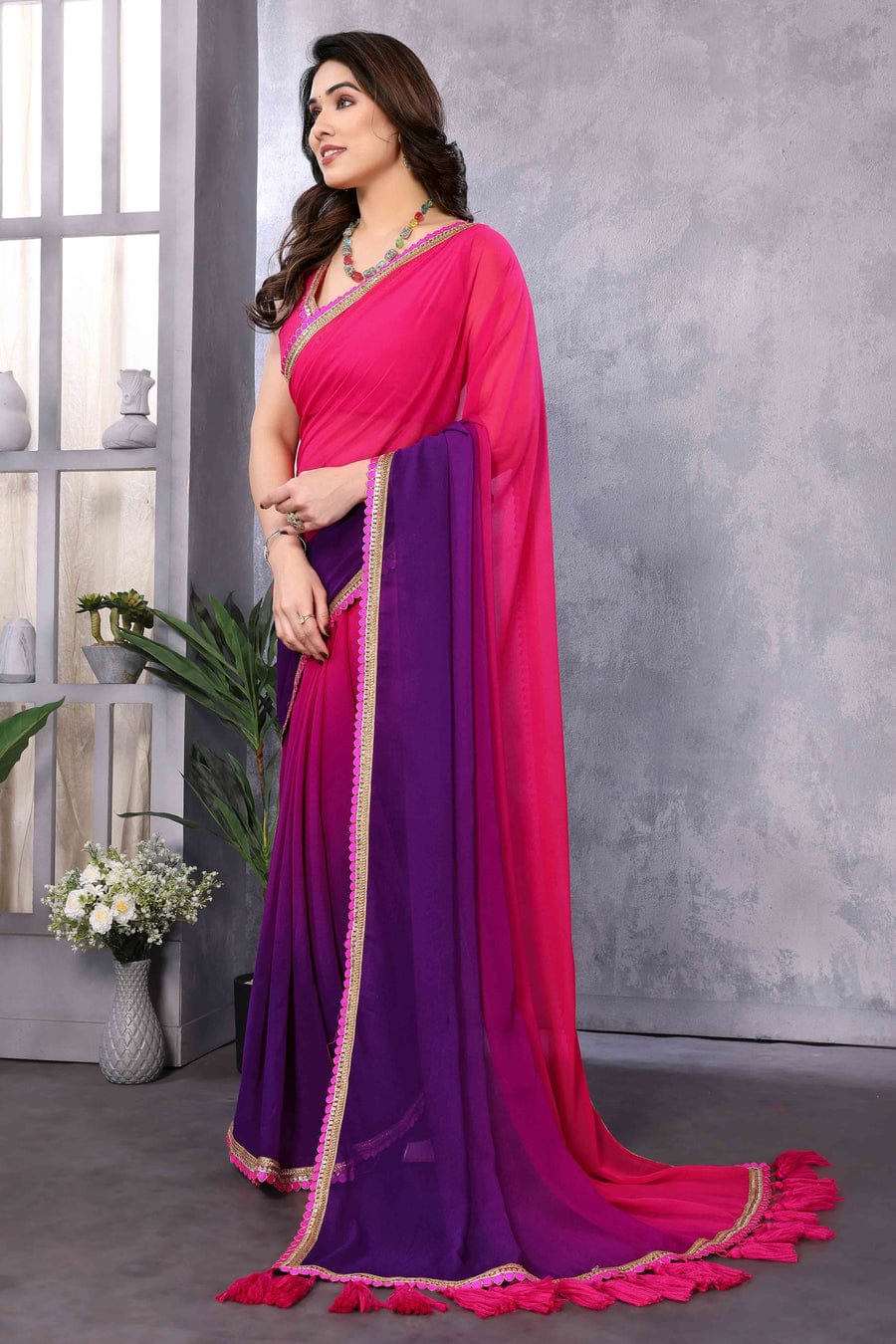 One Minute Ready To Wear Red-Purple Ombre Pure Georgette Leheriya Saree