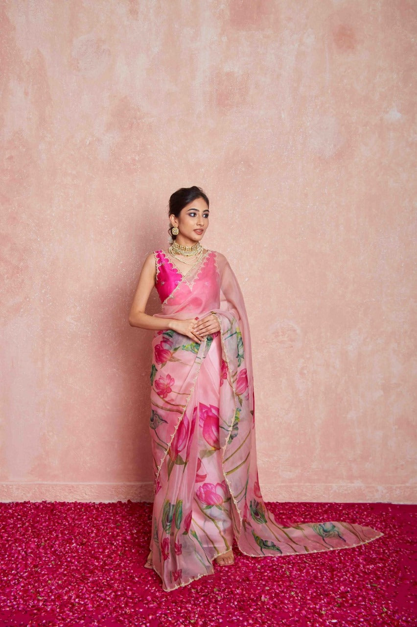 One Minute Ready To Wear Pink Floral Print Silk Saree With Stitch Blouse