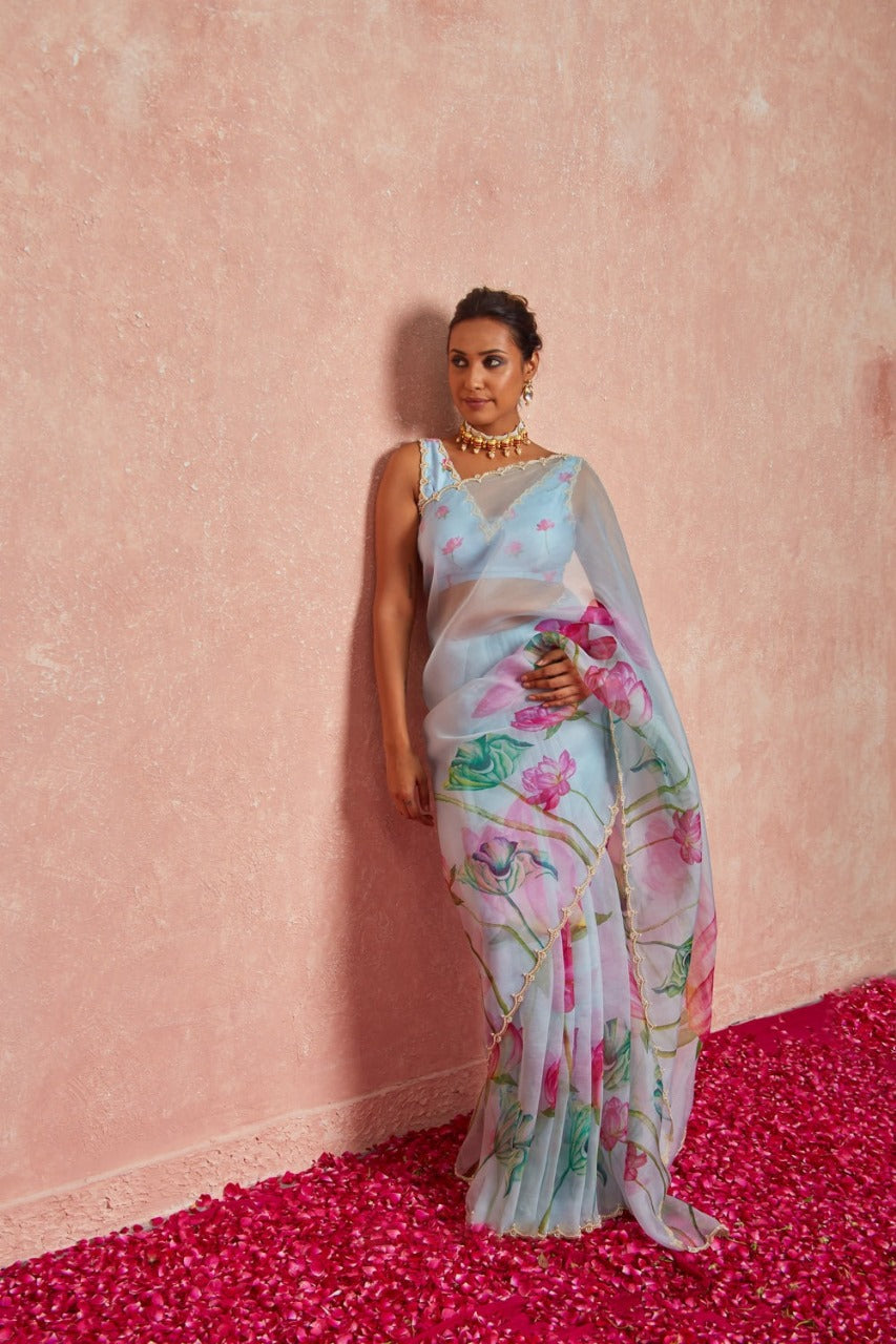 One Minute Ready To Wear Blue Floral Print Silk Saree With Stitch Blouse