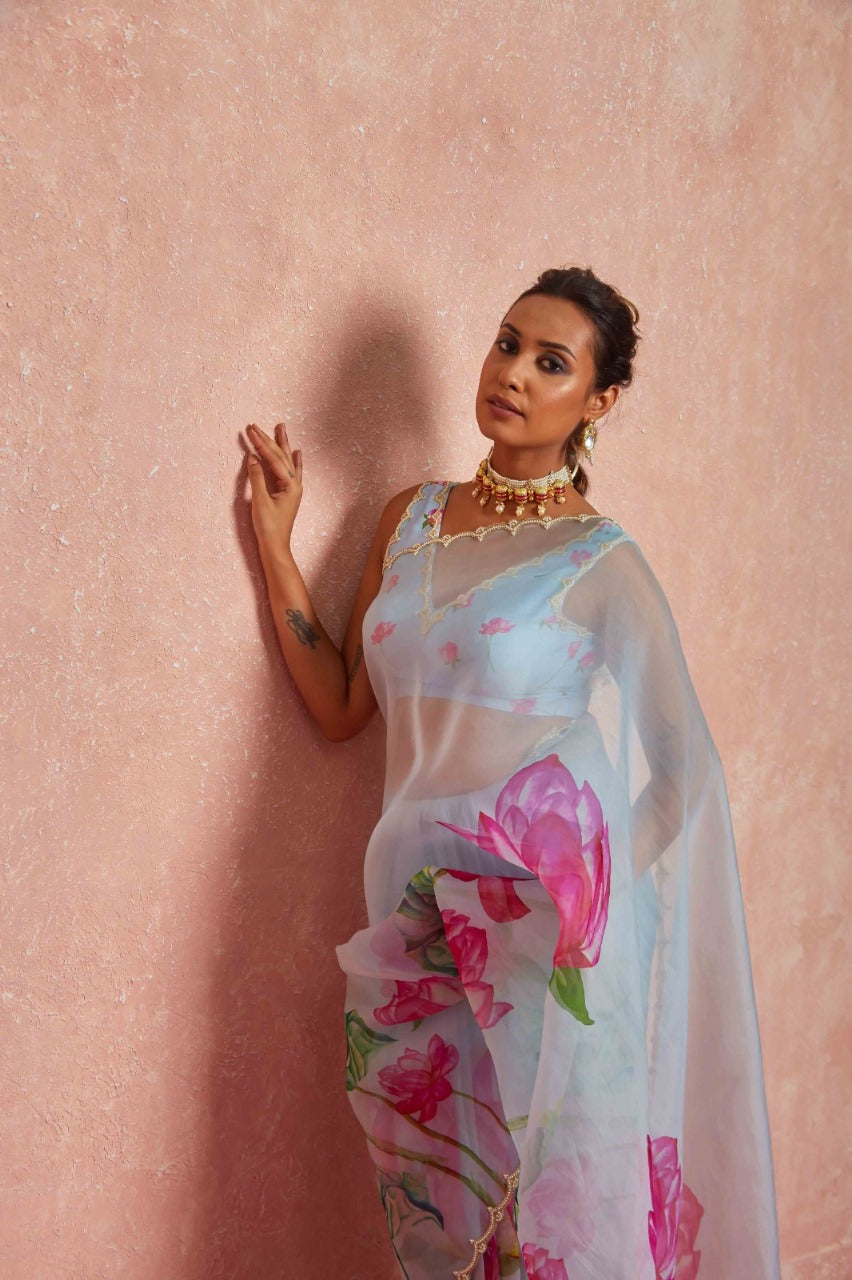 One Minute Ready To Wear Blue Floral Print Silk Saree With Stitch Blouse