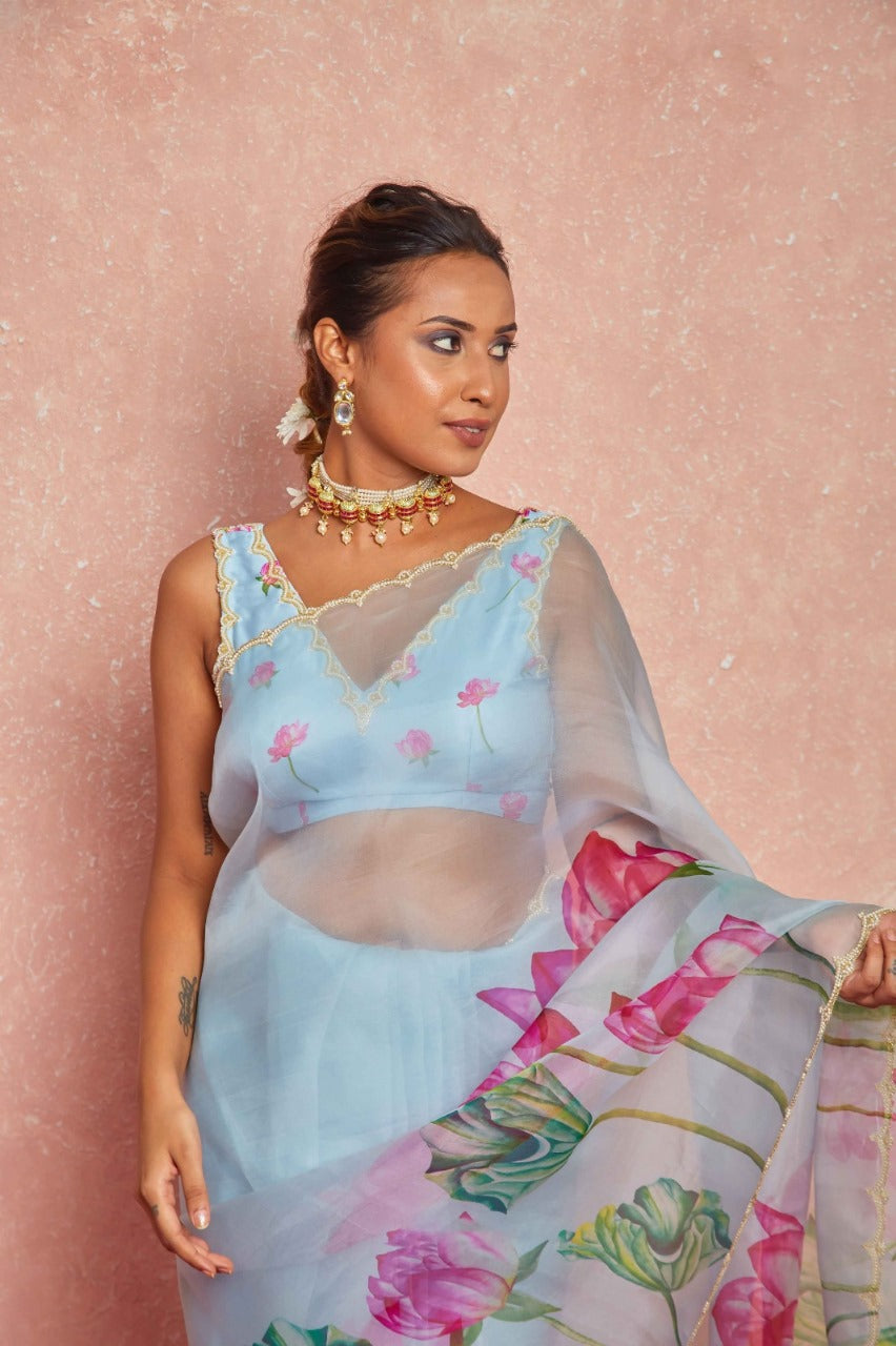 One Minute Ready To Wear Blue Floral Print Silk Saree With Stitch Blouse