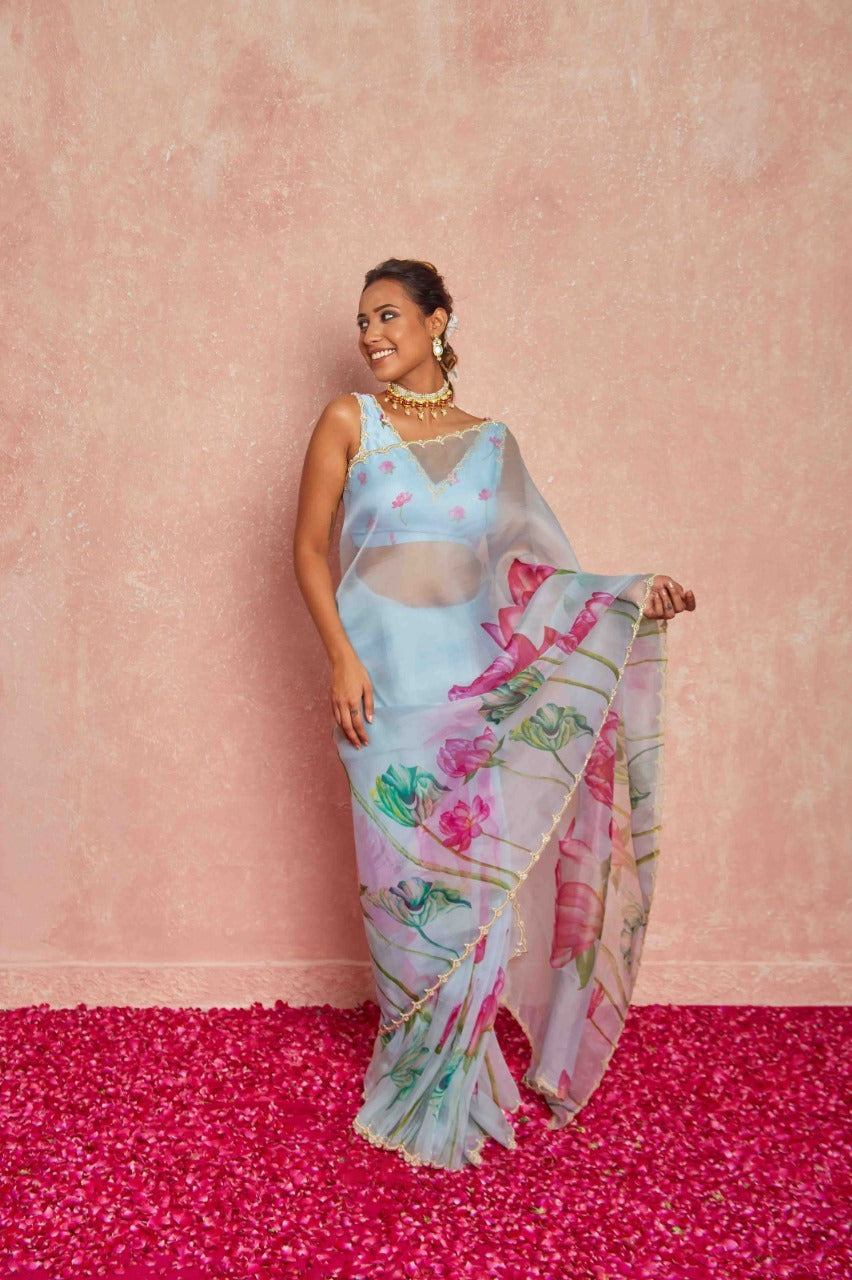 One Minute Ready To Wear Blue Floral Print Silk Saree With Stitch Blouse