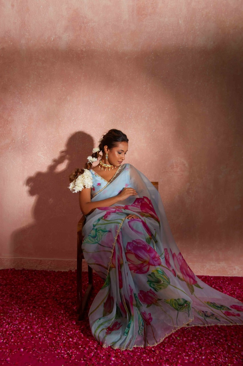 One Minute Ready To Wear Blue Floral Print Silk Saree With Stitch Blouse