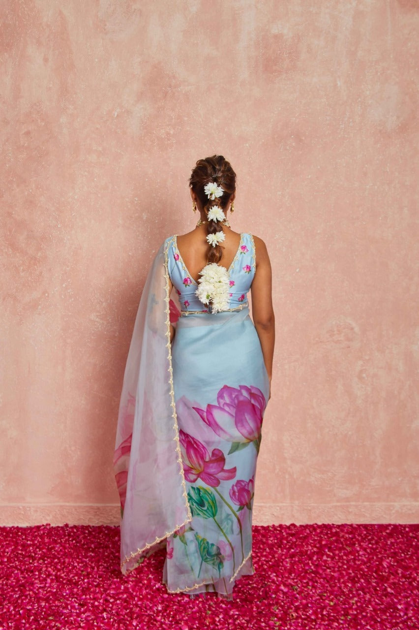One Minute Ready To Wear Blue Floral Print Silk Saree With Stitch Blouse