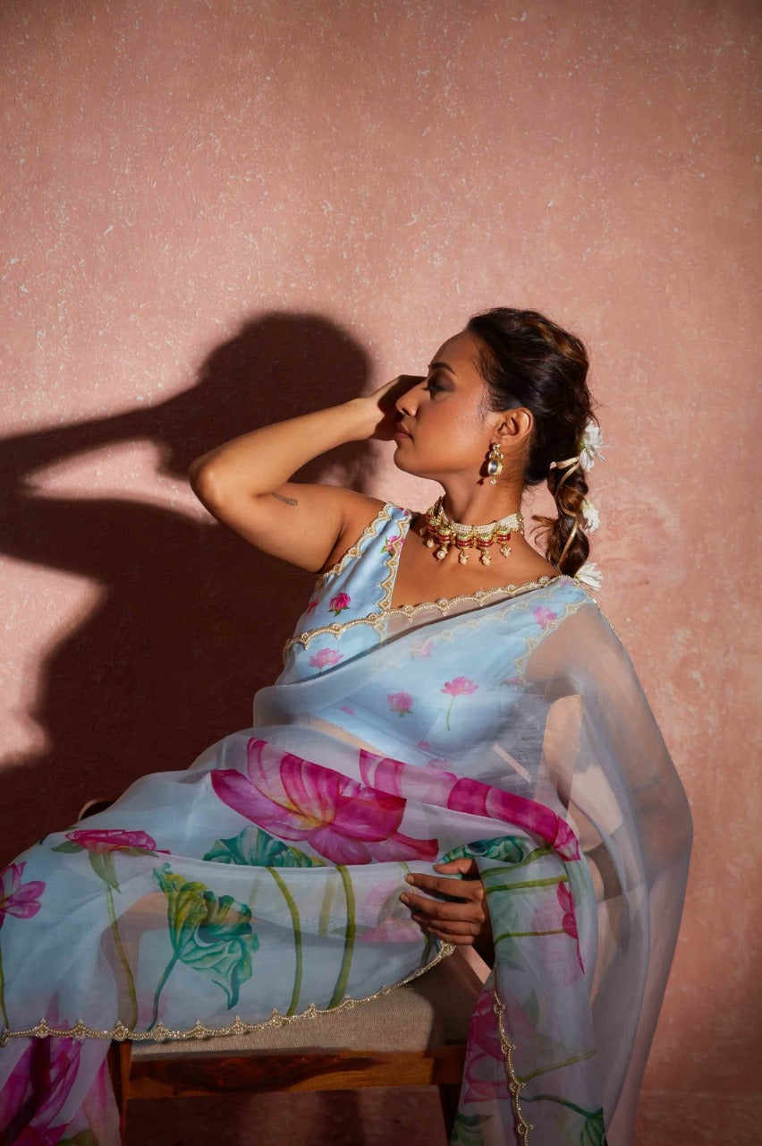 One Minute Ready To Wear Blue Floral Print Silk Saree With Stitch Blouse