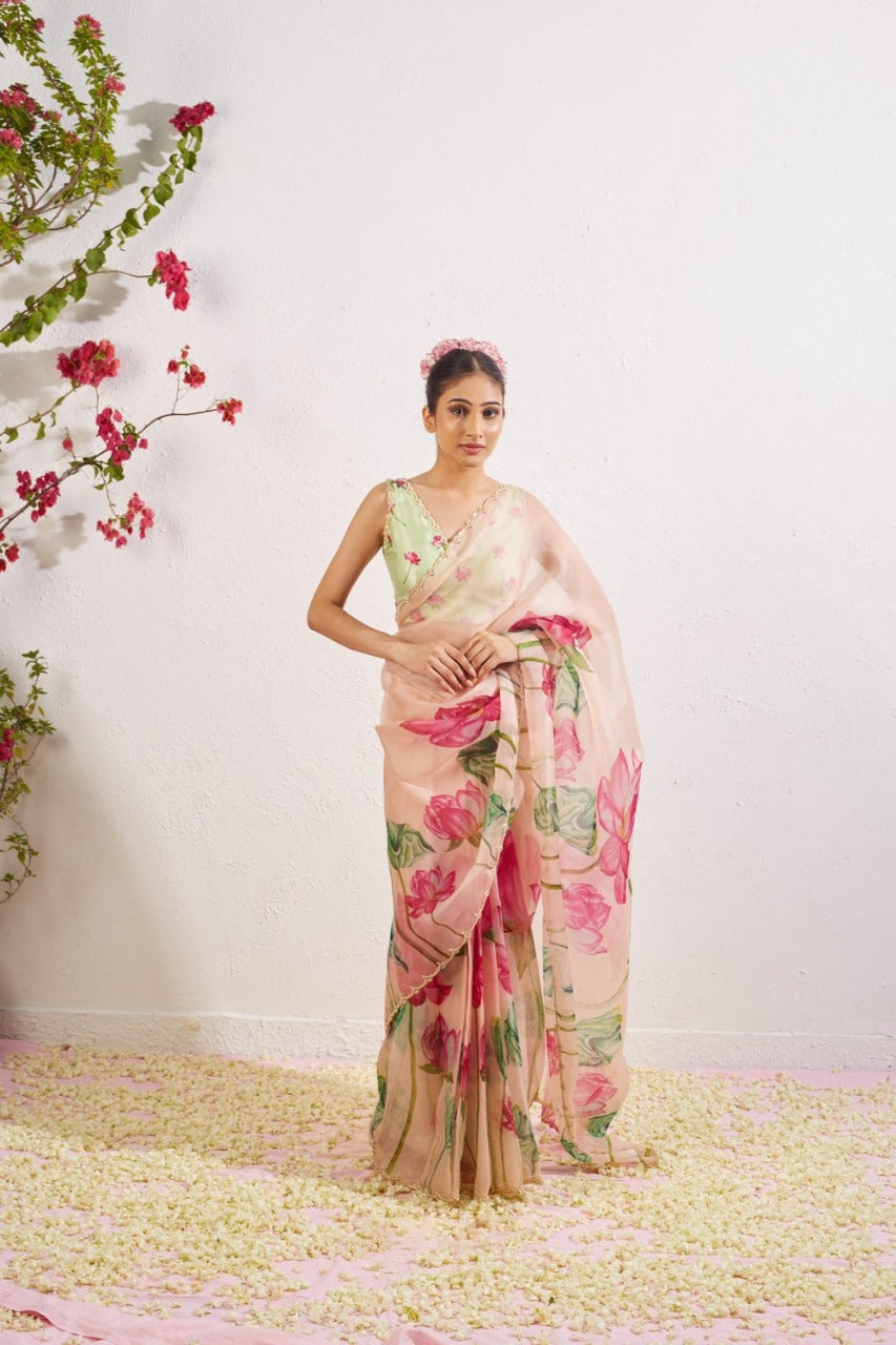 One Minute Ready To Wear Pink Blush Floral Print Silk Saree With Stitch Blouse