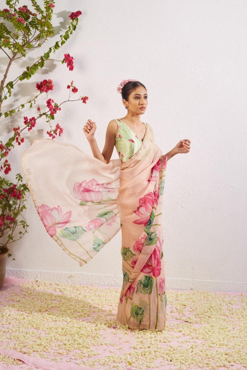 One Minute Ready To Wear Pink Blush Floral Print Silk Saree With Stitch Blouse