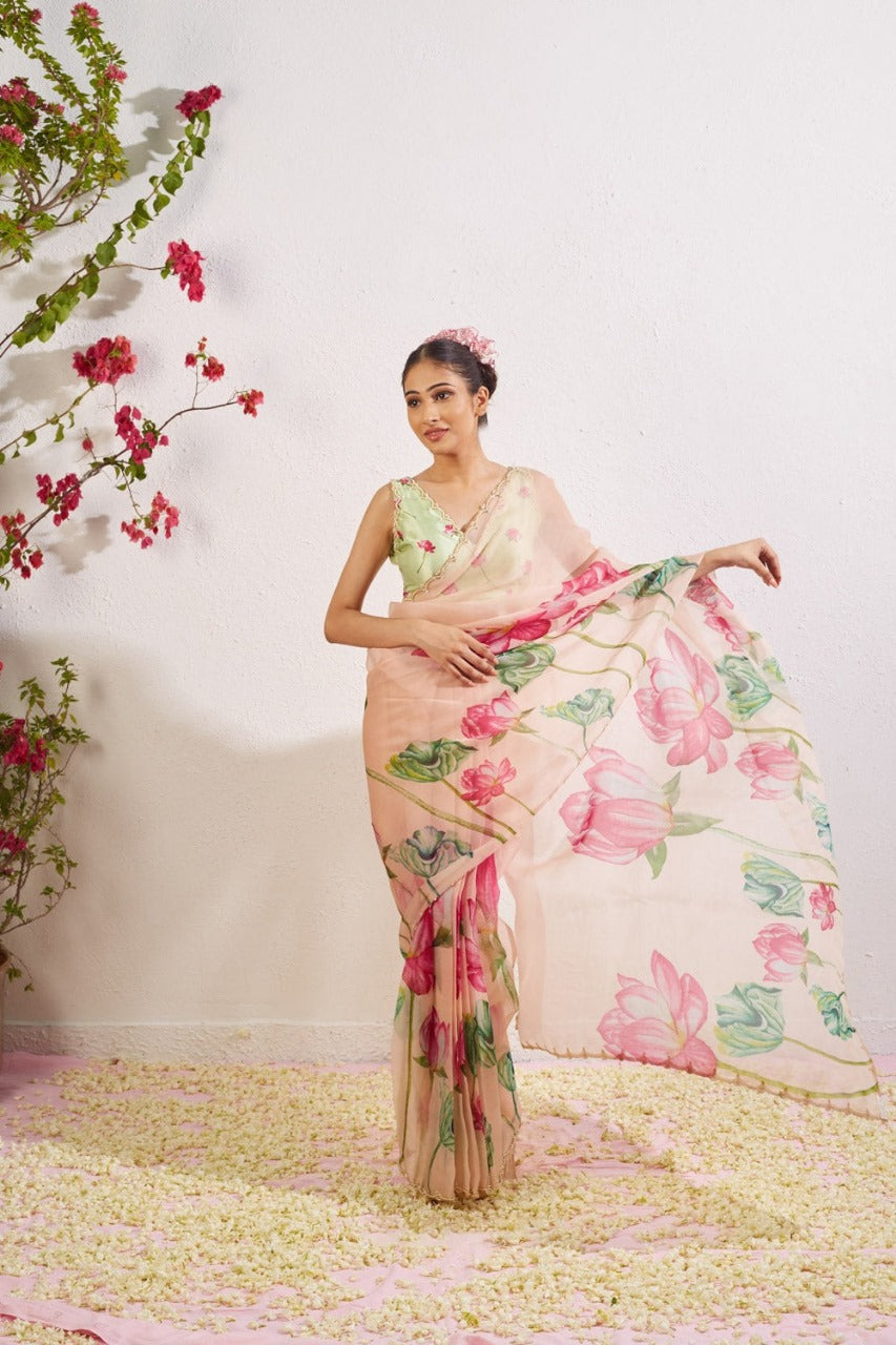 One Minute Ready To Wear Pink Blush Floral Print Silk Saree With Stitch Blouse