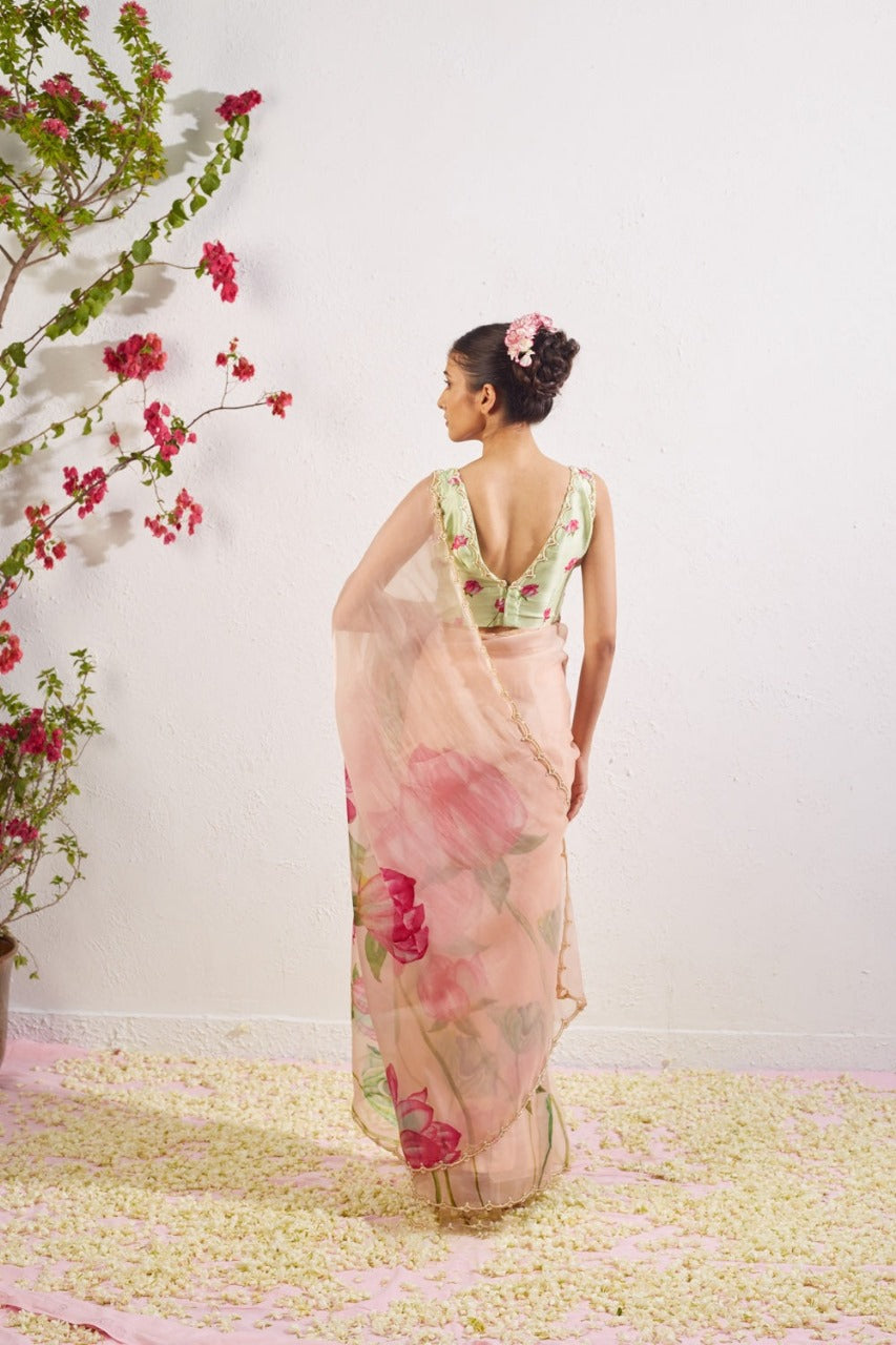 One Minute Ready To Wear Pink Blush Floral Print Silk Saree With Stitch Blouse