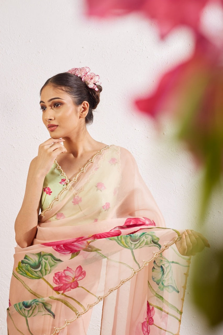 One Minute Ready To Wear Pink Blush Floral Print Silk Saree With Stitch Blouse