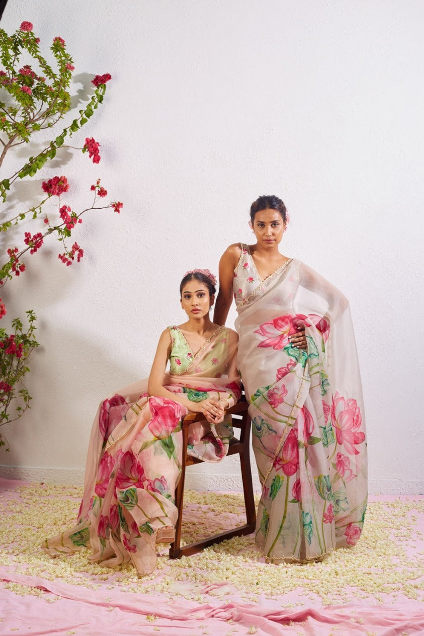 One Minute Ready To Wear Pink Blush Floral Print Silk Saree With Stitch Blouse