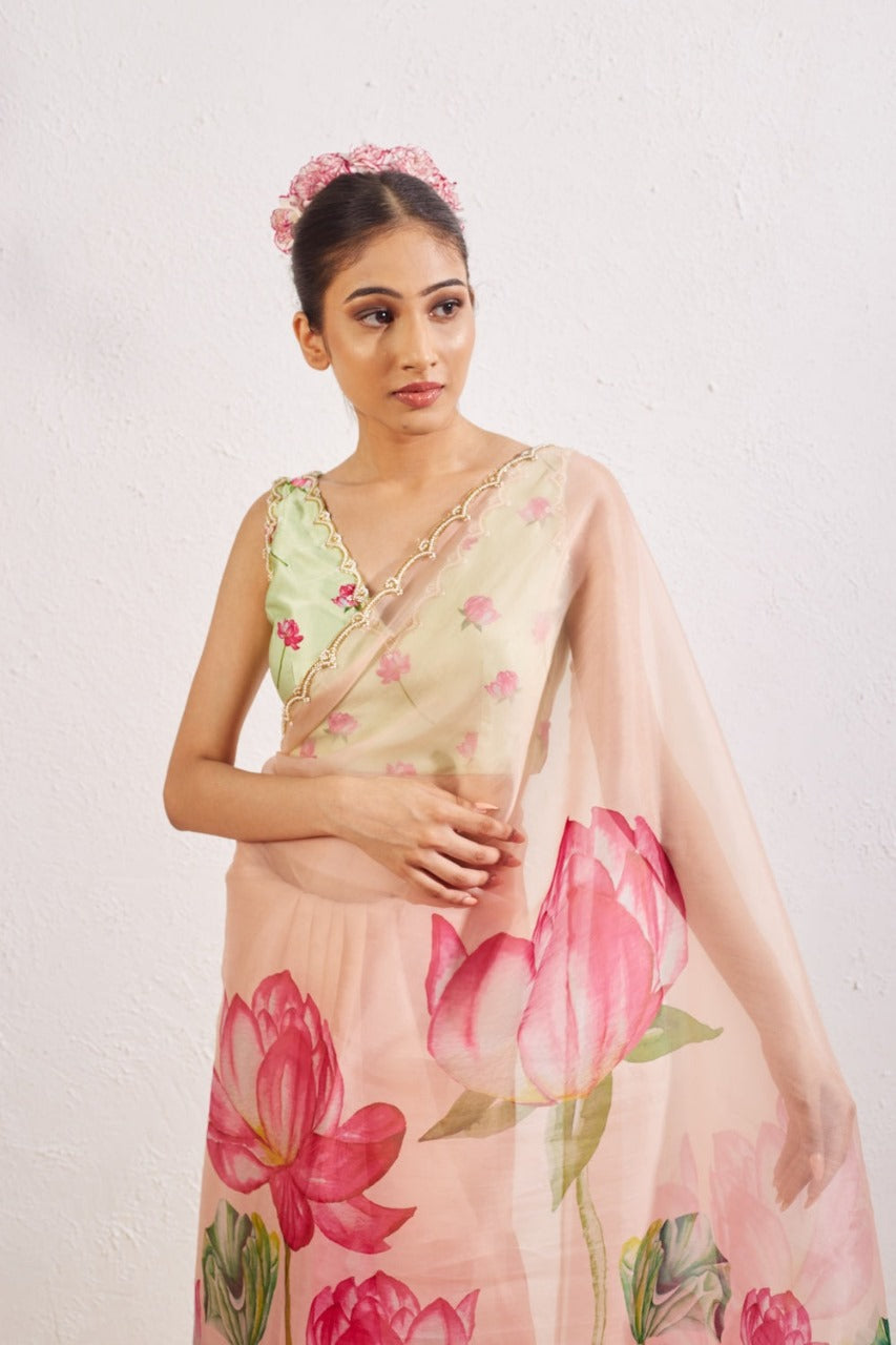 One Minute Ready To Wear Pink Blush Floral Print Silk Saree With Stitch Blouse