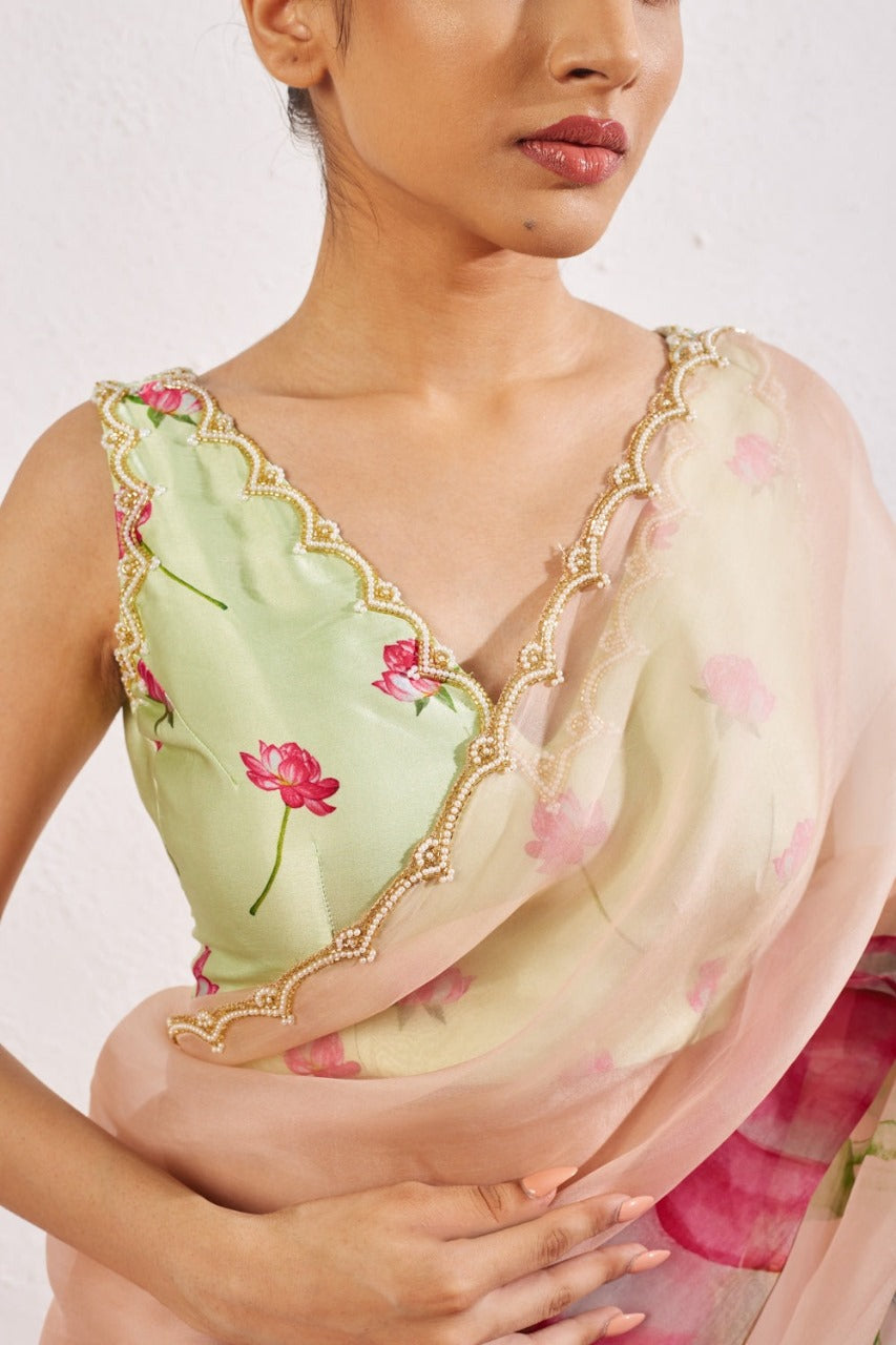 One Minute Ready To Wear Pink Blush Floral Print Silk Saree With Stitch Blouse