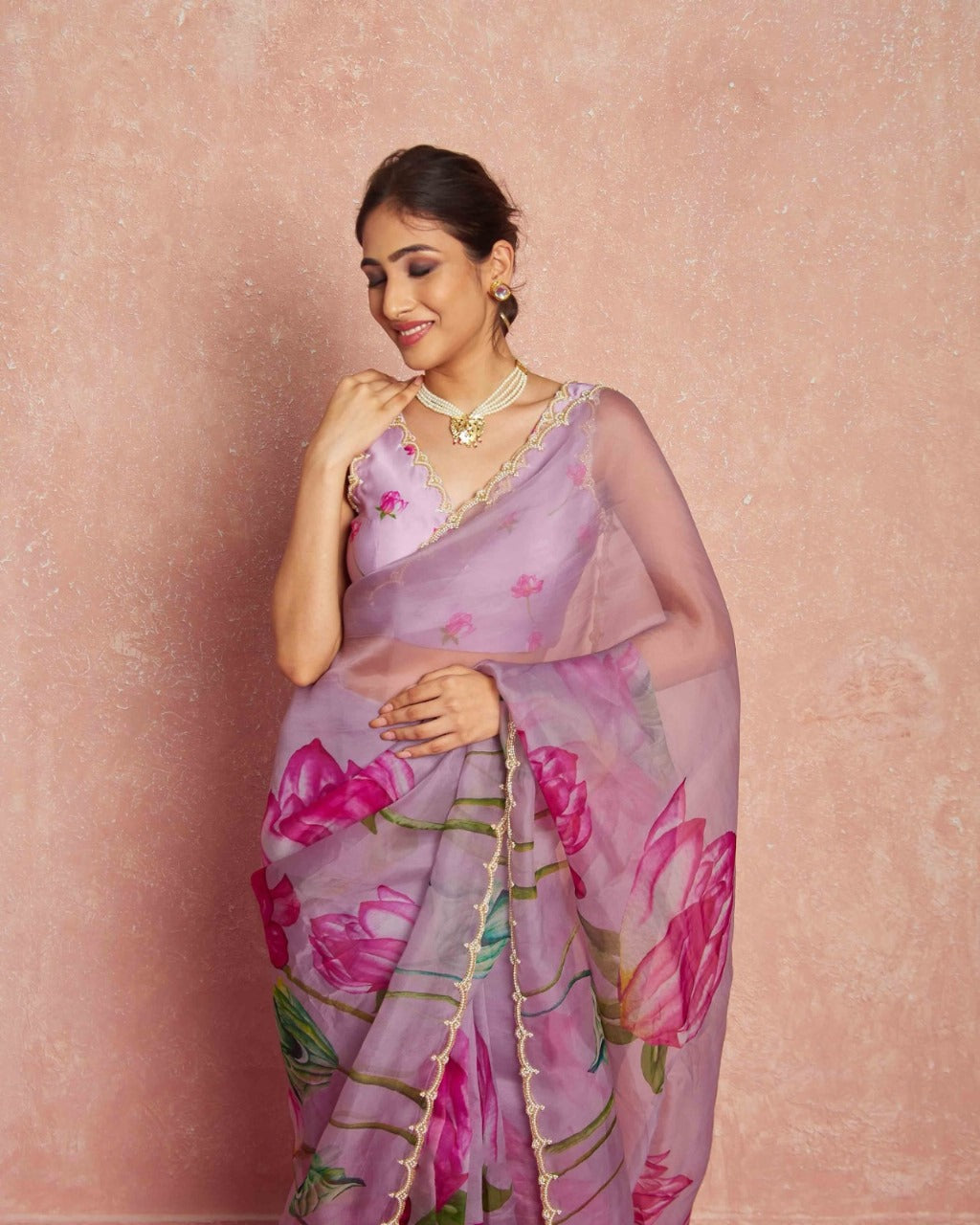 One Minute Ready To Wear Mauve Floral Print Silk Saree With Stitch Blouse