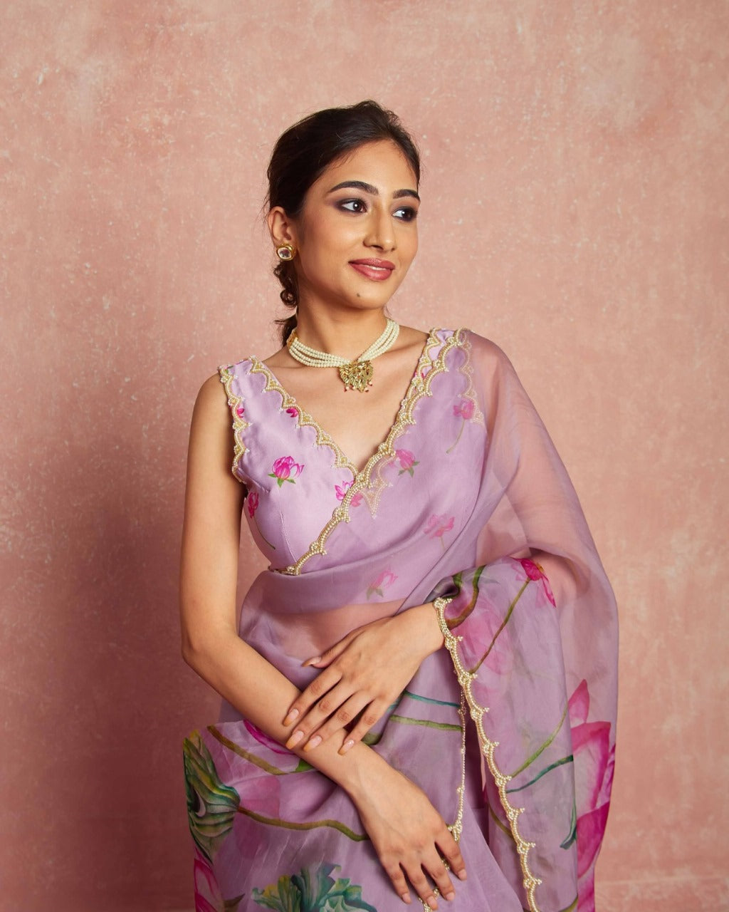 One Minute Ready To Wear Mauve Floral Print Silk Saree With Stitch Blouse