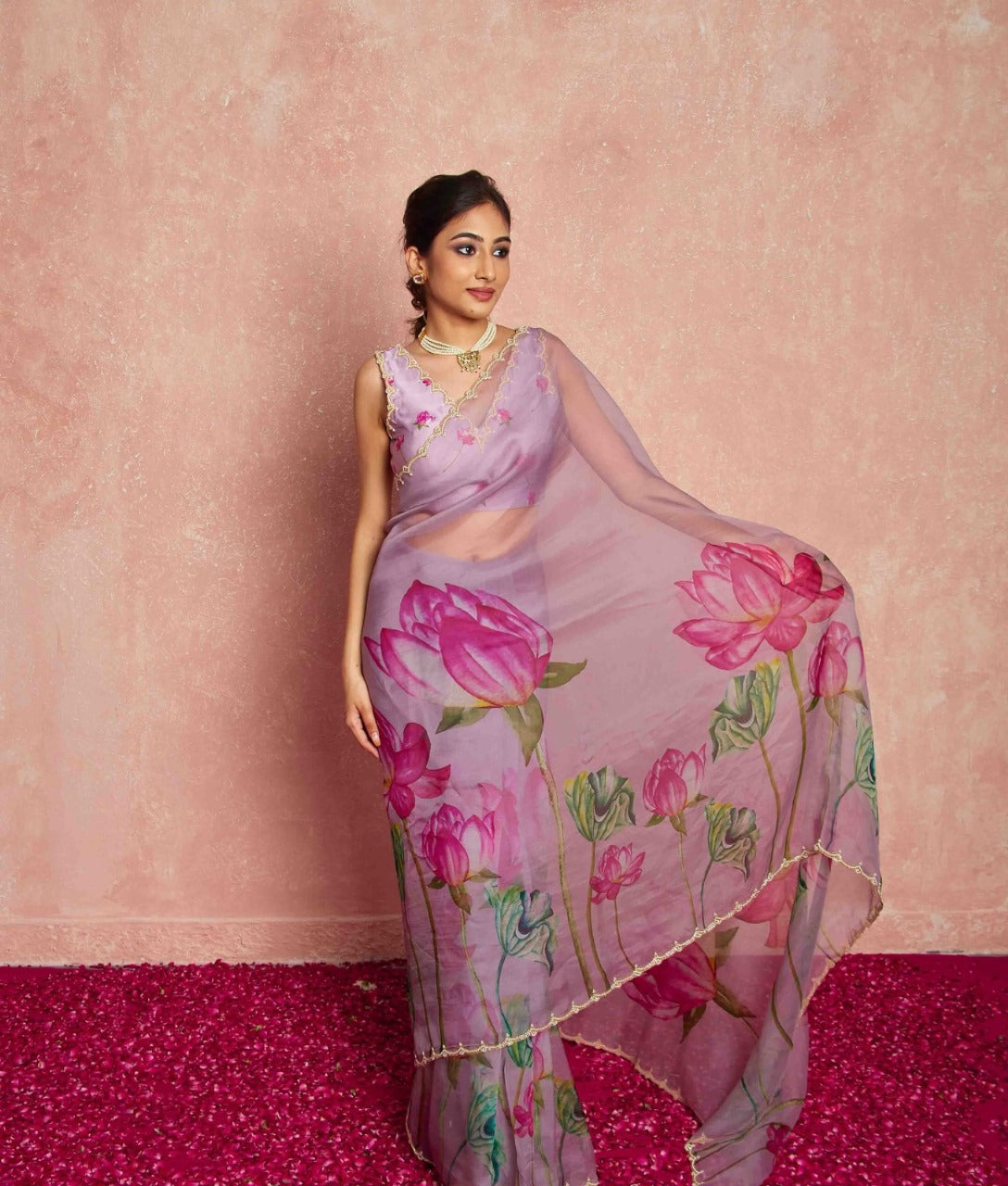 One Minute Ready To Wear Mauve Floral Print Silk Saree With Stitch Blouse