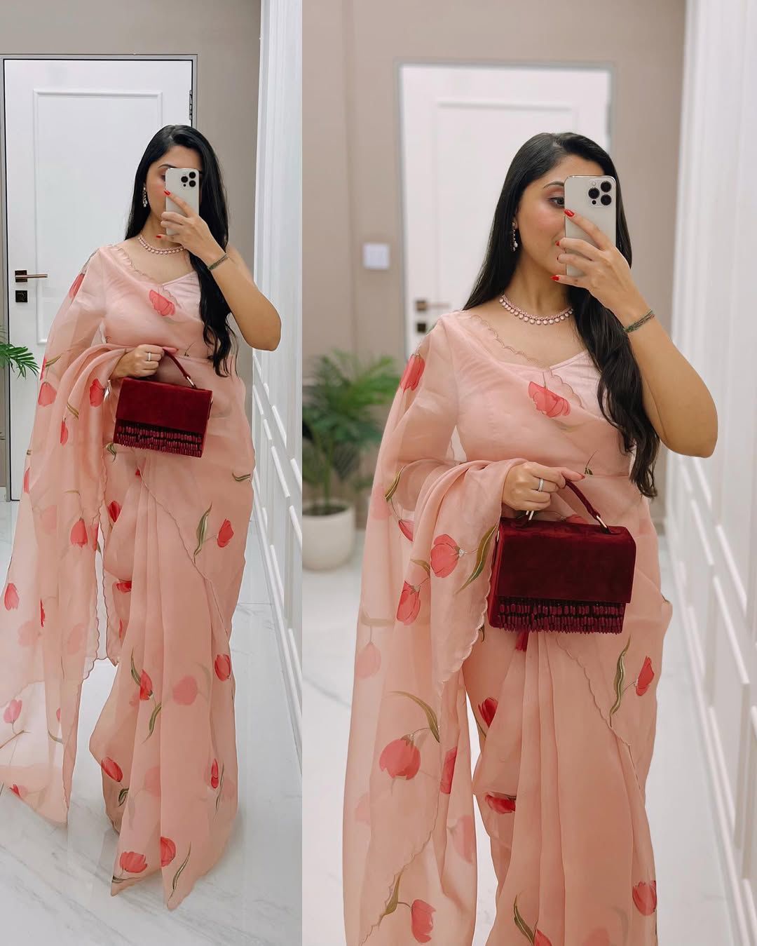 One Minute Ready To Wear Classic Peach Handpainted Floral Saree