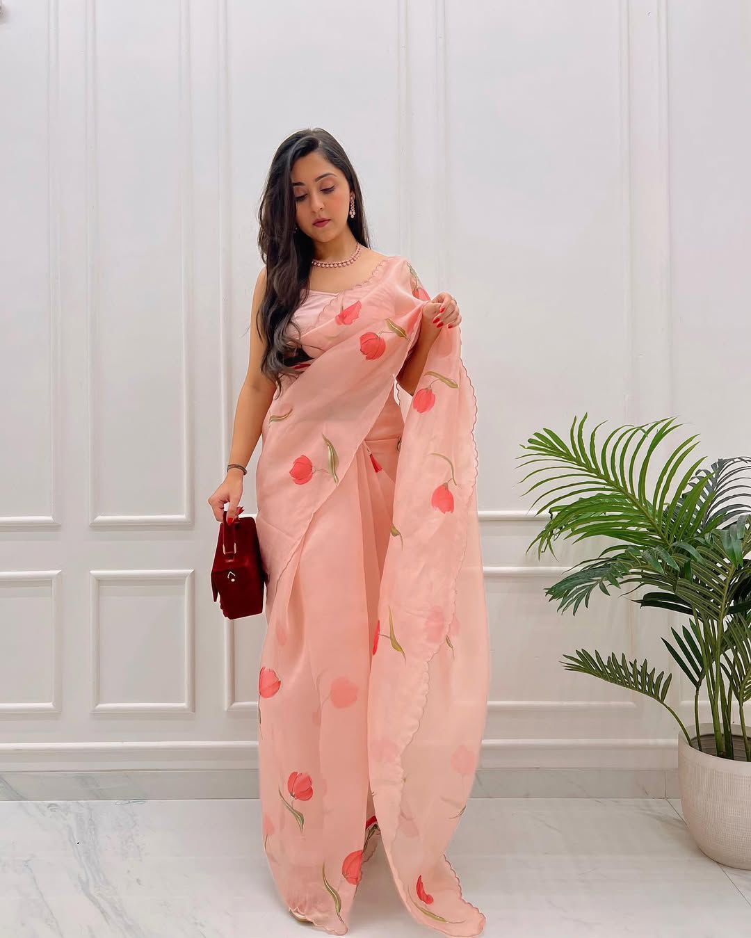 One Minute Ready To Wear Classic Peach Handpainted Floral Saree