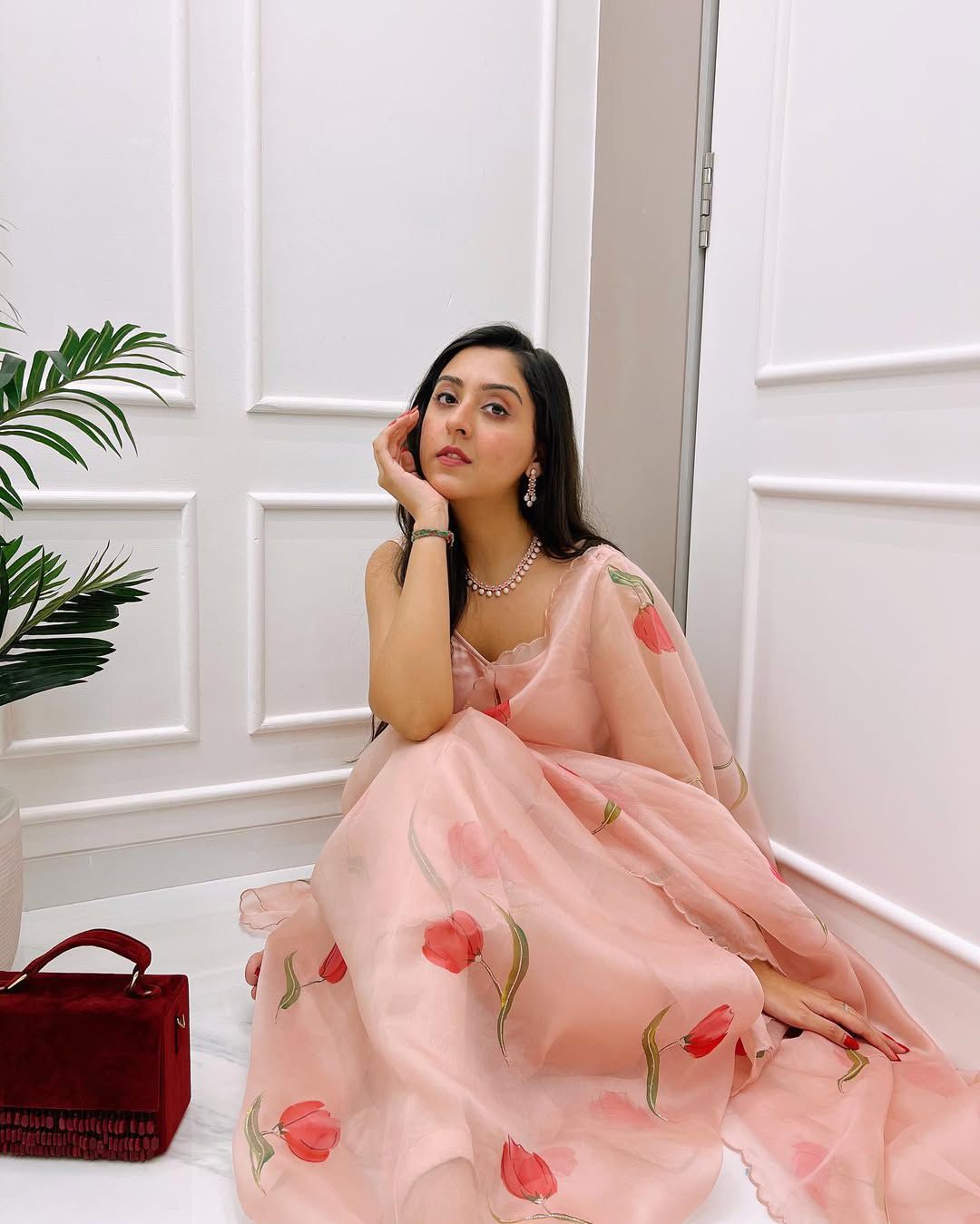 One Minute Ready To Wear Classic Peach Handpainted Floral Saree