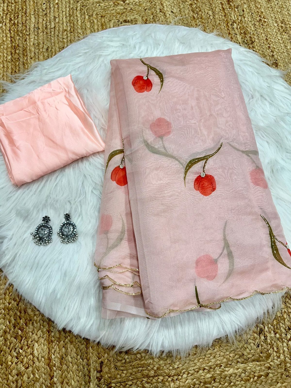 One Minute Ready To Wear Classic Peach Handpainted Floral Saree