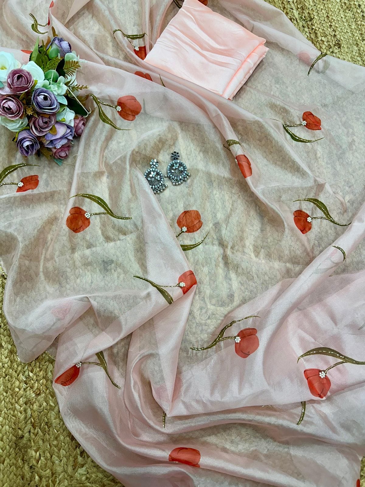 One Minute Ready To Wear Classic Peach Handpainted Floral Saree