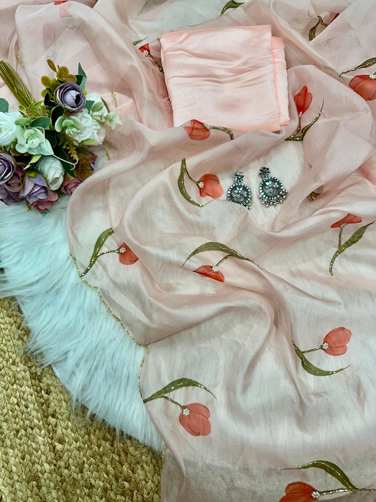 One Minute Ready To Wear Classic Peach Handpainted Floral Saree