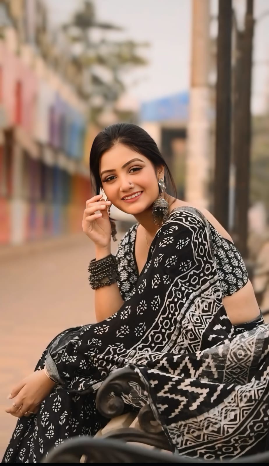 One Minute Ready To Wear Tribal Black Print Georgette Saree