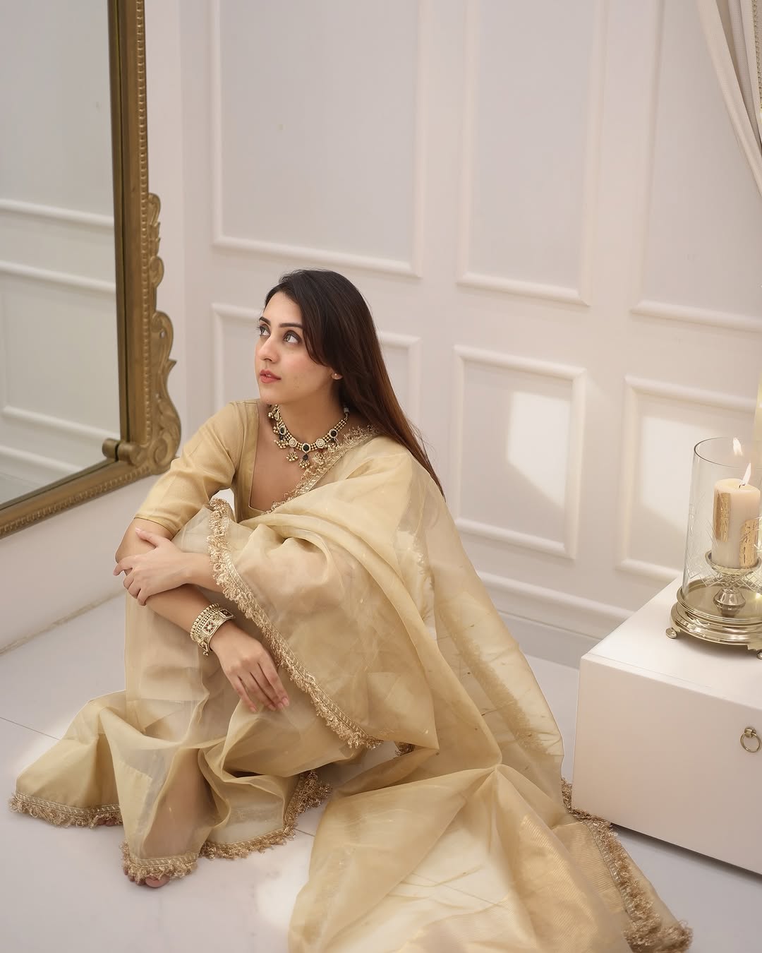 One Minute Ready To Wear Ethereal Golden Organza Saree with Intricate Border