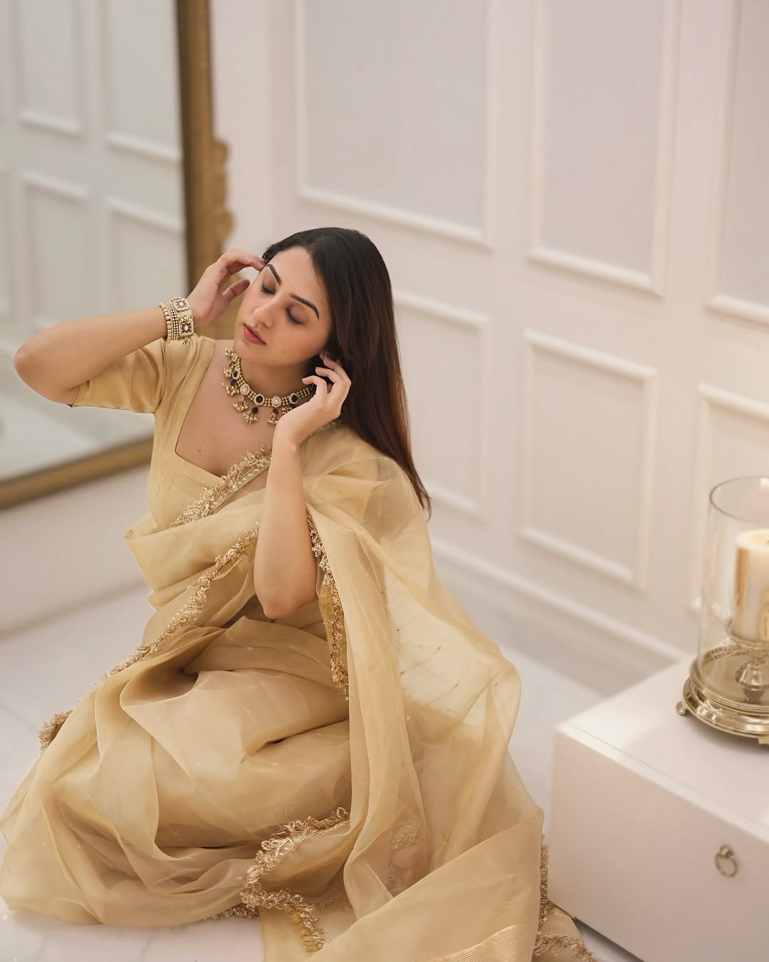 One Minute Ready To Wear Ethereal Golden Organza Saree with Intricate Border
