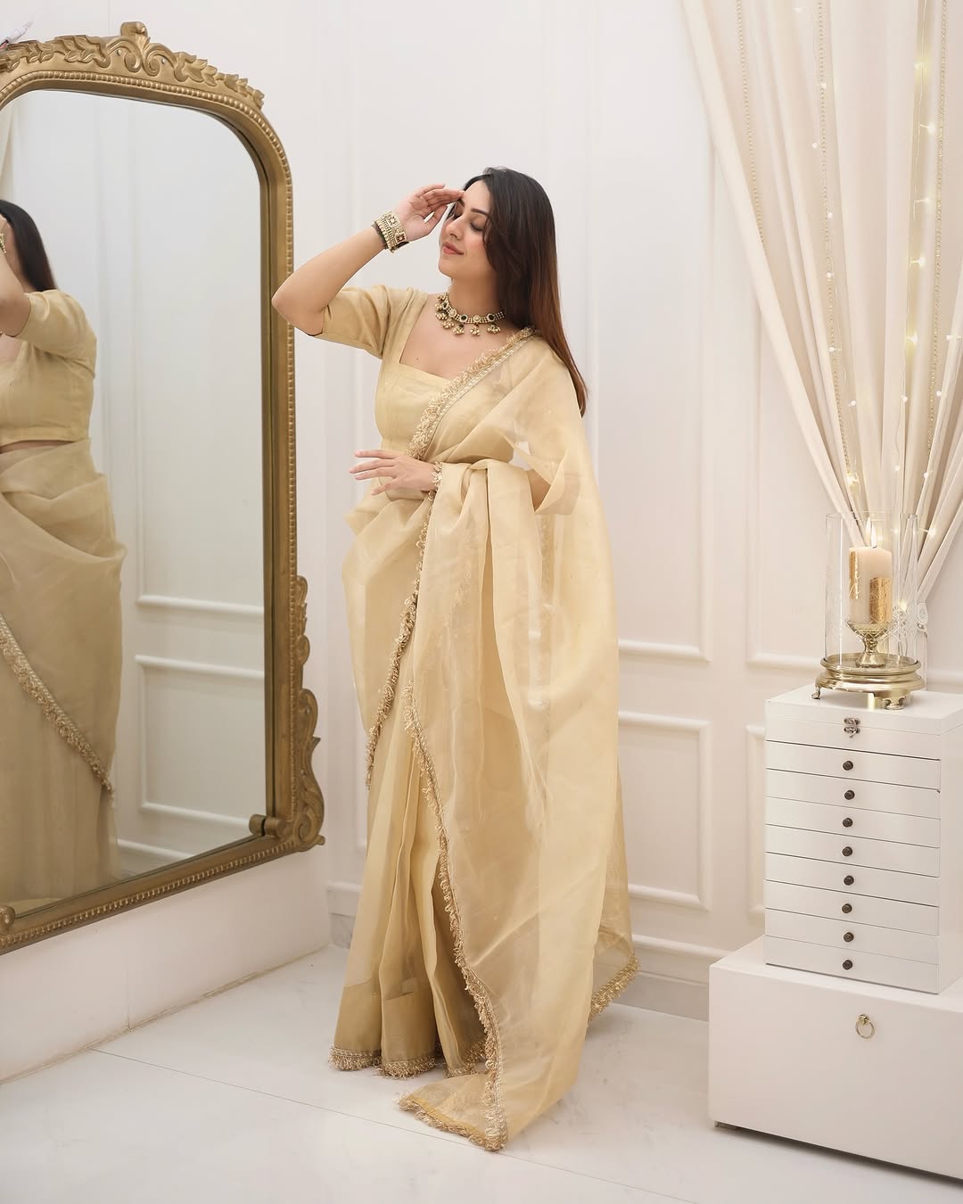 One Minute Ready To Wear Ethereal Golden Organza Saree with Intricate Border