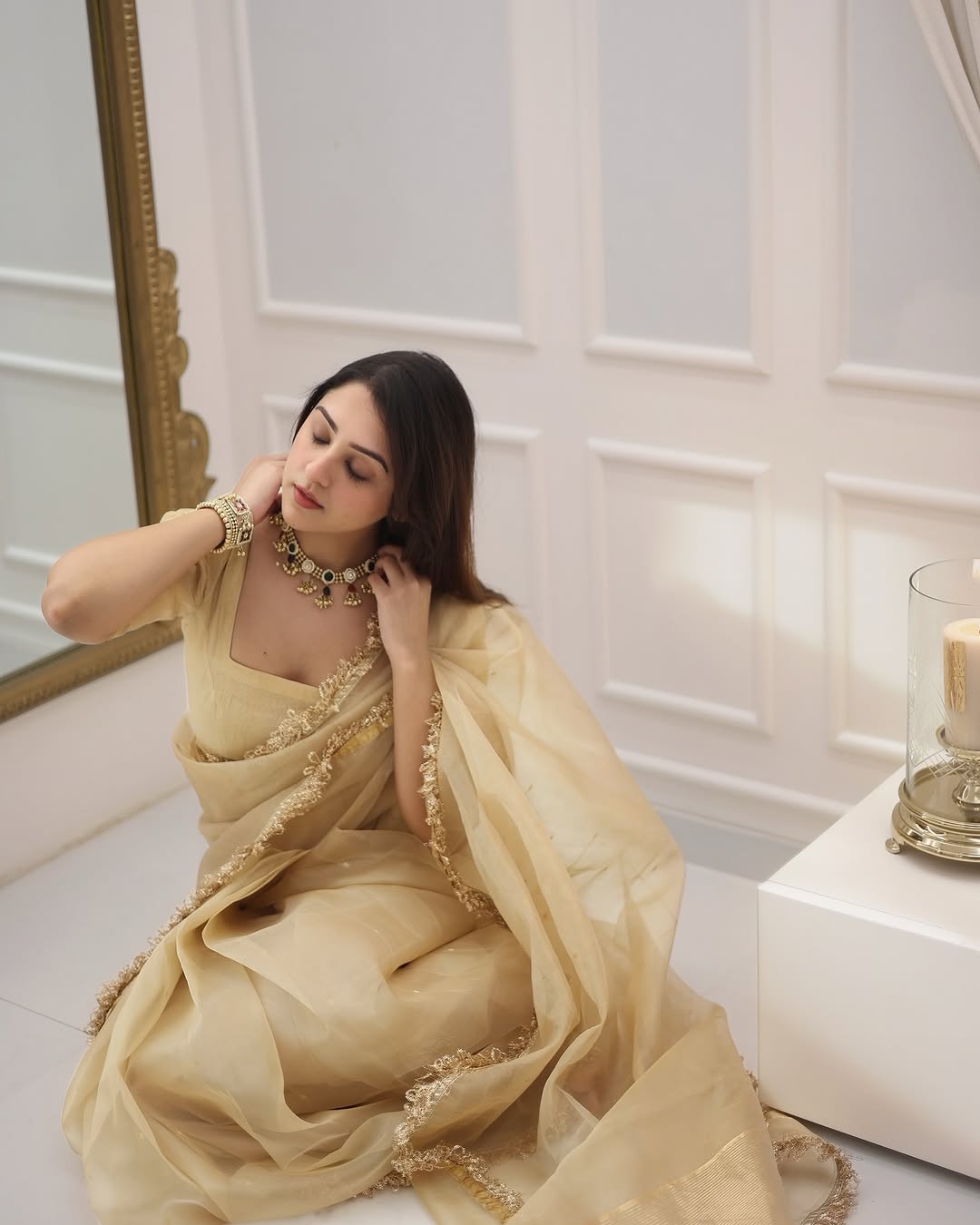 One Minute Ready To Wear Ethereal Golden Organza Saree with Intricate Border