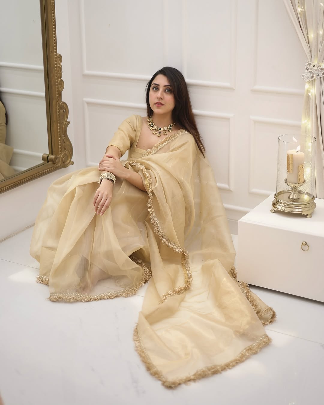 One Minute Ready To Wear Ethereal Golden Organza Saree with Intricate Border