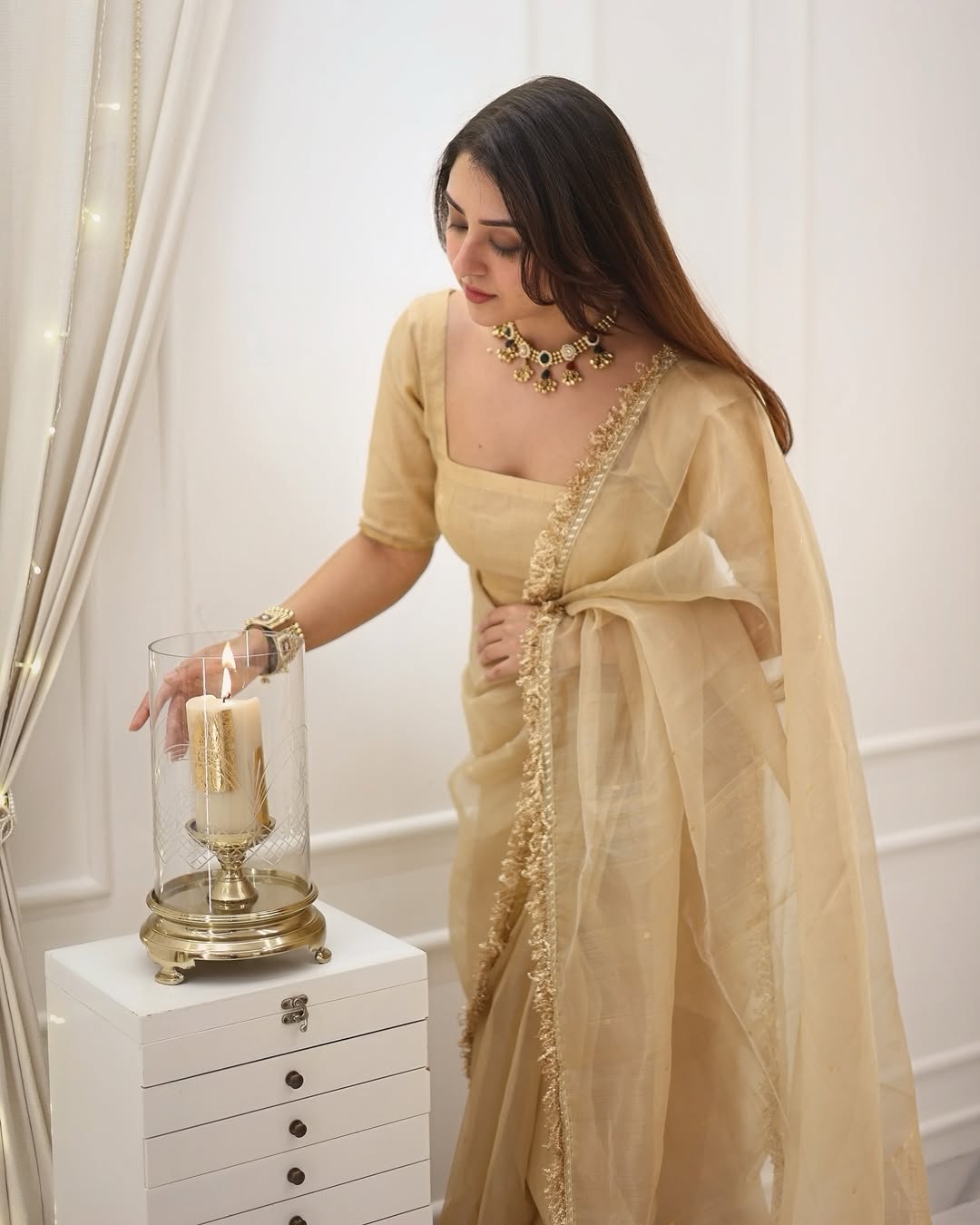 One Minute Ready To Wear Ethereal Golden Organza Saree with Intricate Border