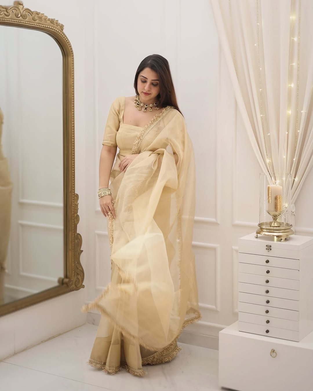 One Minute Ready To Wear Ethereal Golden Organza Saree with Intricate Border