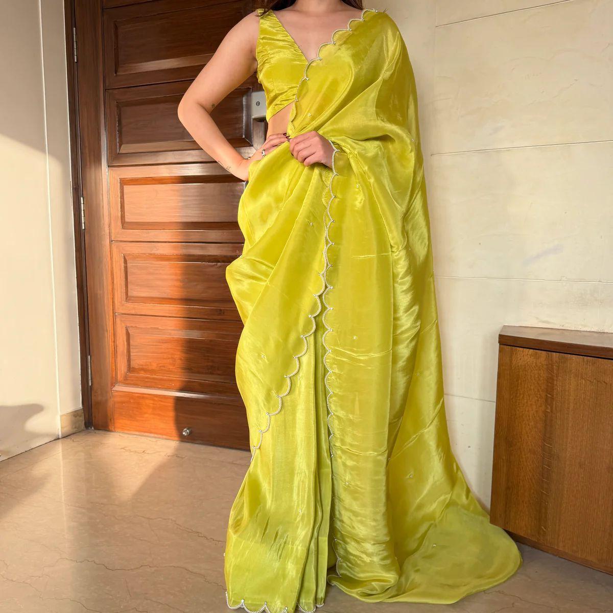 One Minute Ready To Wear Self Design Bollywood Organza Saree With Stitch Blouse