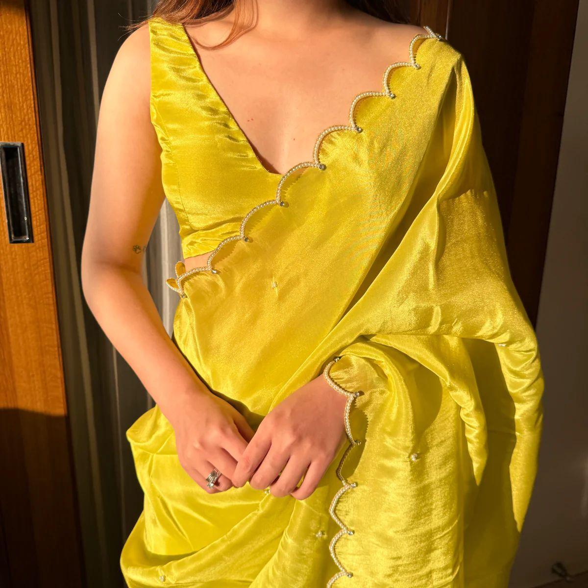 One Minute Ready To Wear Self Design Bollywood Organza Saree With Stitch Blouse