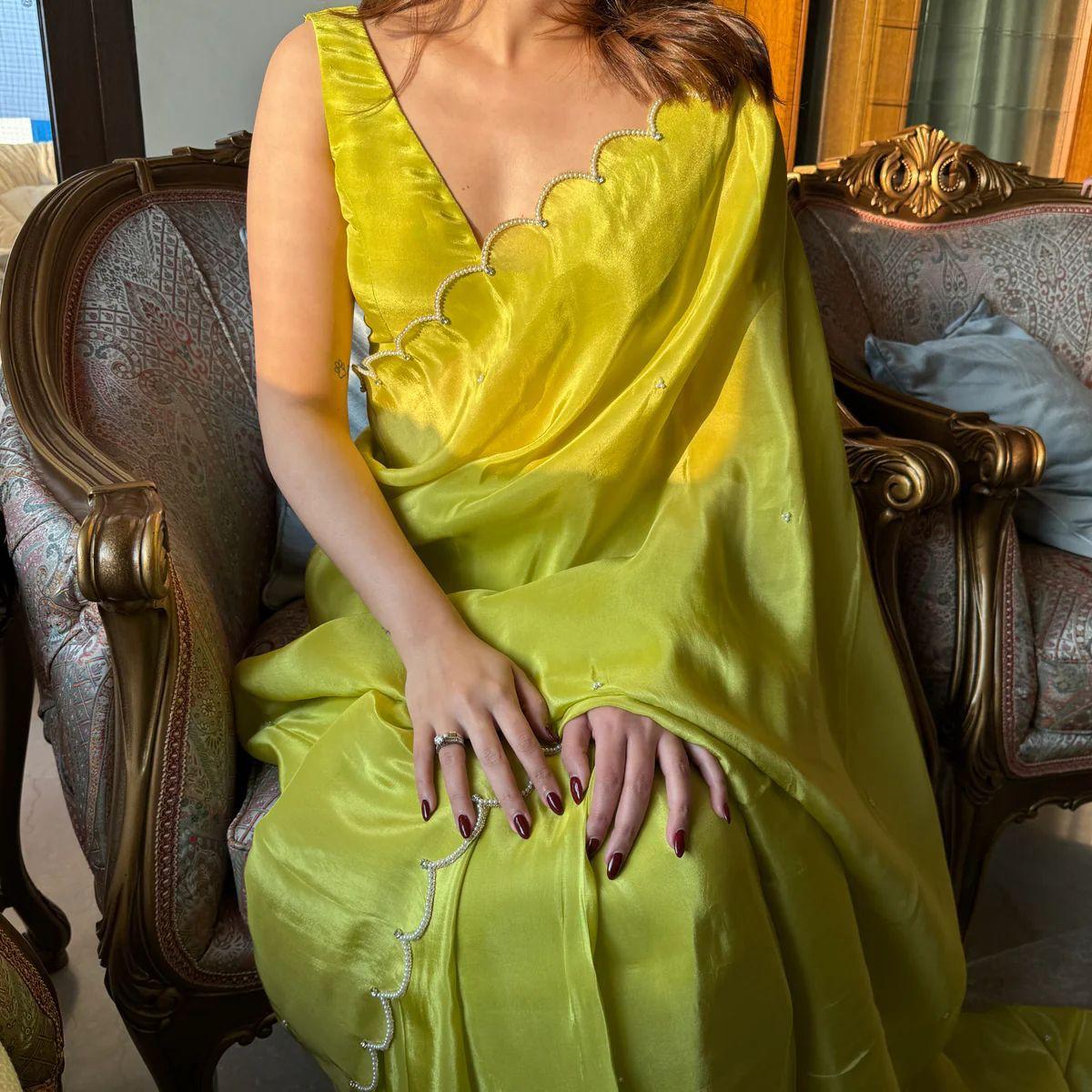One Minute Ready To Wear Self Design Bollywood Organza Saree With Stitch Blouse