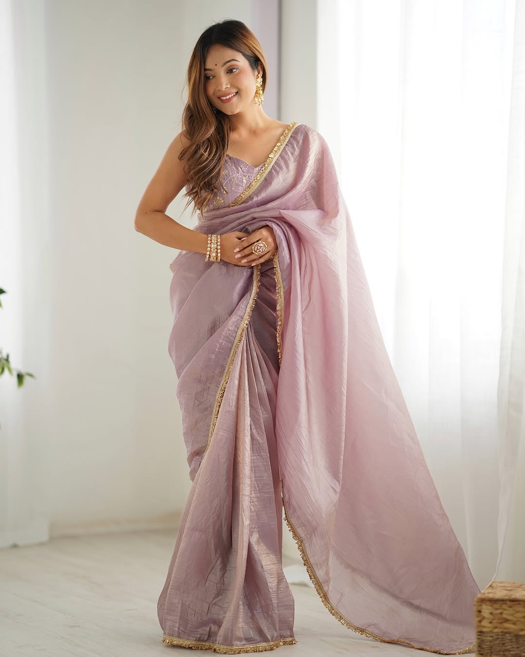 One Minute Ready To Wear Lavendar Elegant Gold Crush Tissue Silk Saree