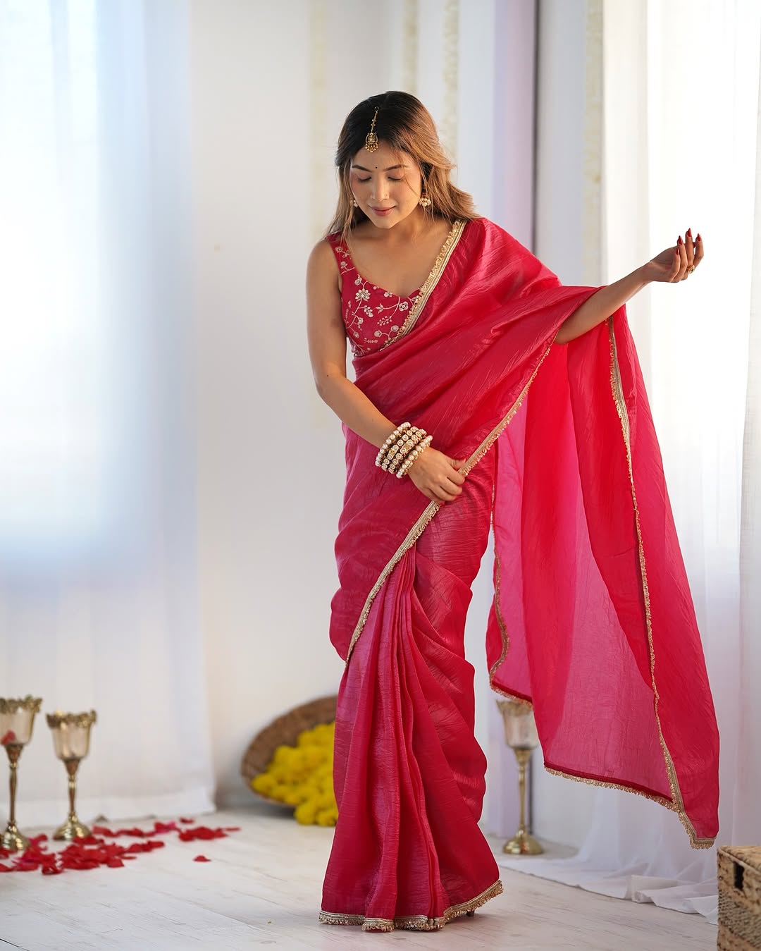One Minute Ready To Wear Red Elegant Gold Crush Tissue Silk Saree