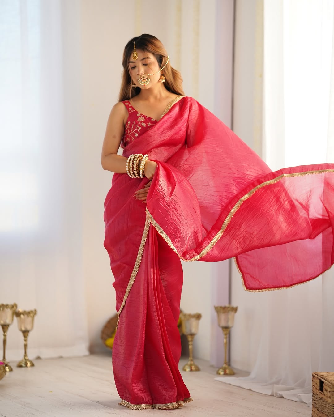 One Minute Ready To Wear Red Elegant Gold Crush Tissue Silk Saree