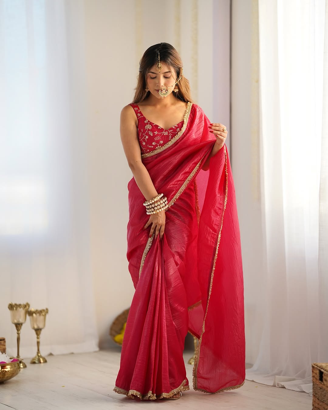 One Minute Ready To Wear Red Elegant Gold Crush Tissue Silk Saree