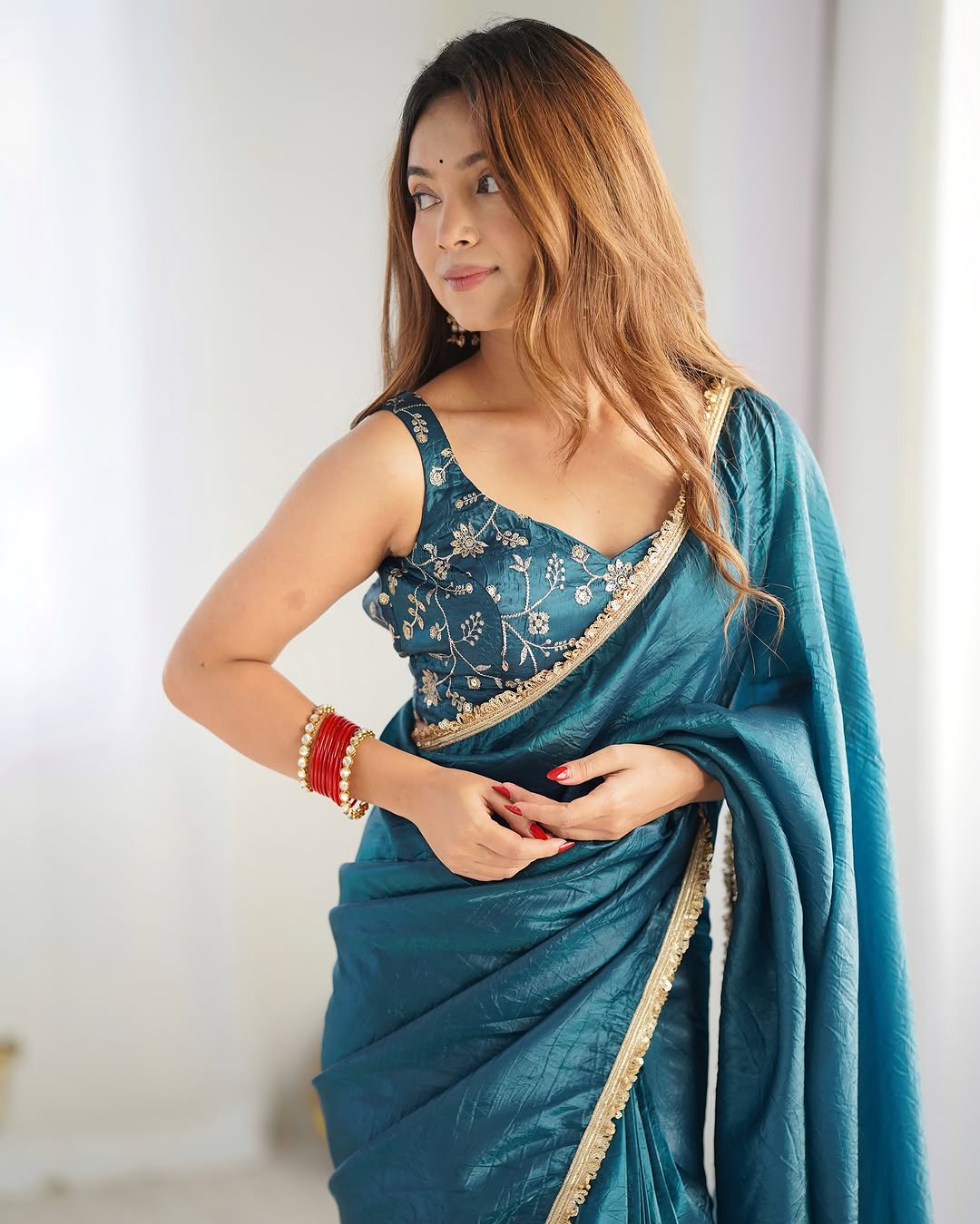 One Minute Ready To Wear Teal Blue Mauve Elegant Gold Crush Tissue Silk Saree