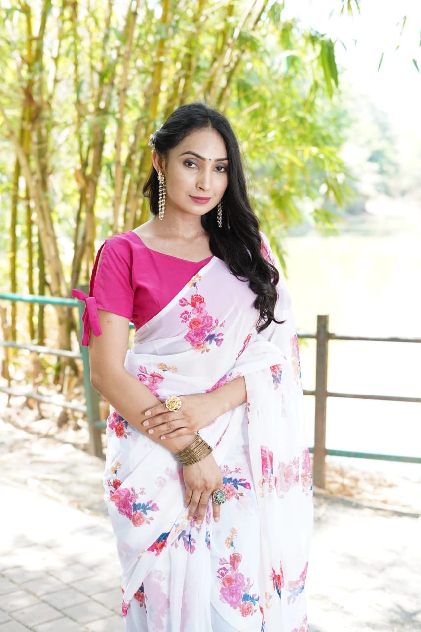 One Minute Ready To Wear White Women's Georgette Printed Saree