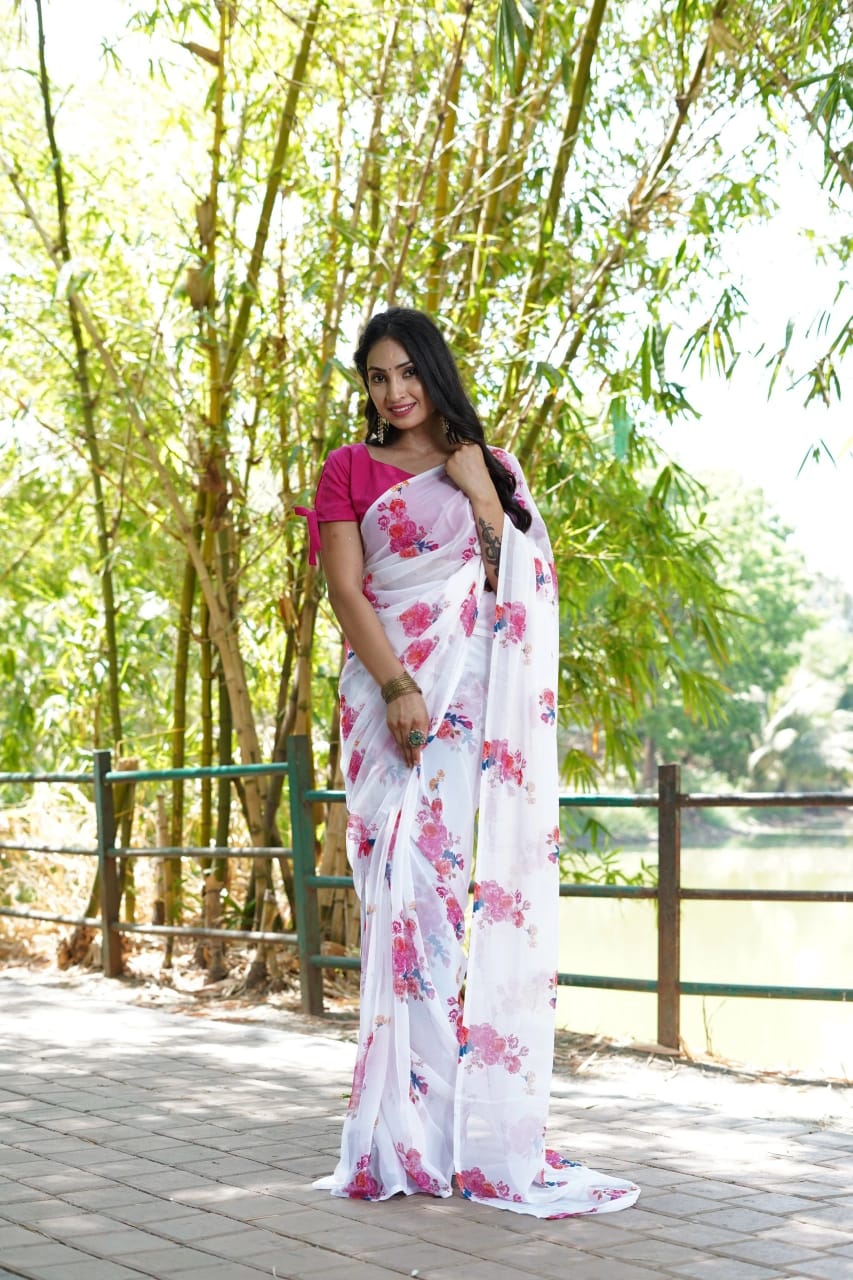 One Minute Ready To Wear White Women's Georgette Printed Saree