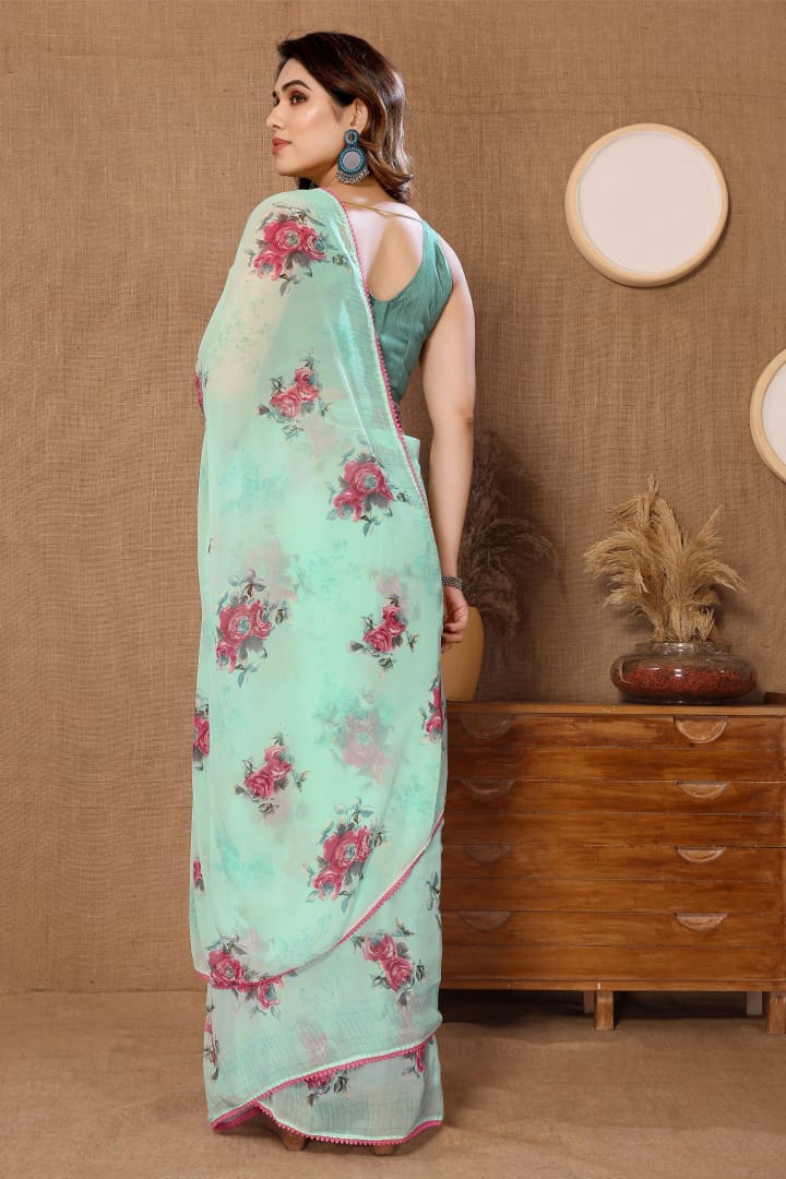 One Minute Ready To Wear Floral Printed Georgette With Fancy Lace Saree